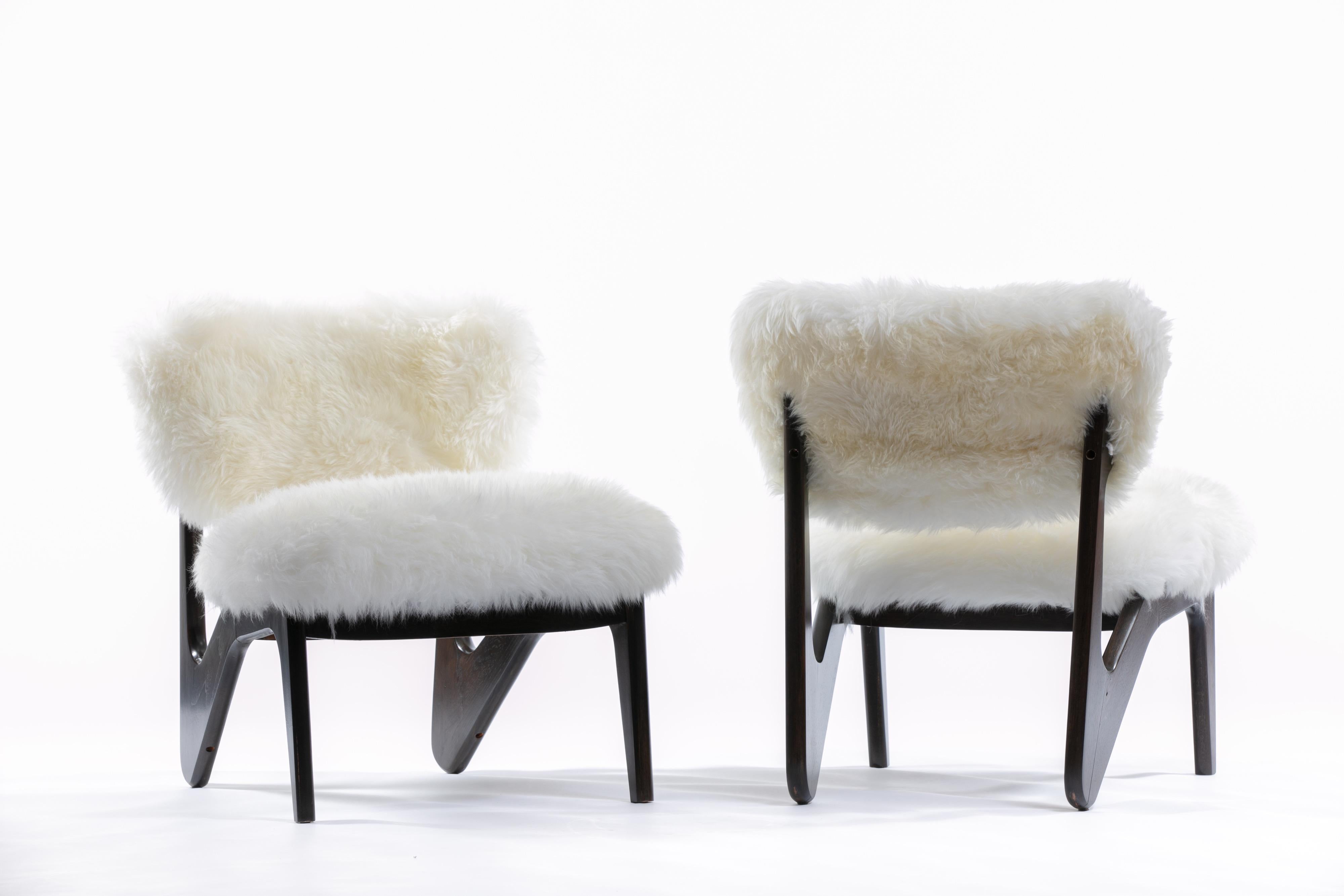 American Pair of Ivory Sheepskin & Sculpted Walnut Slipper Chairs 
