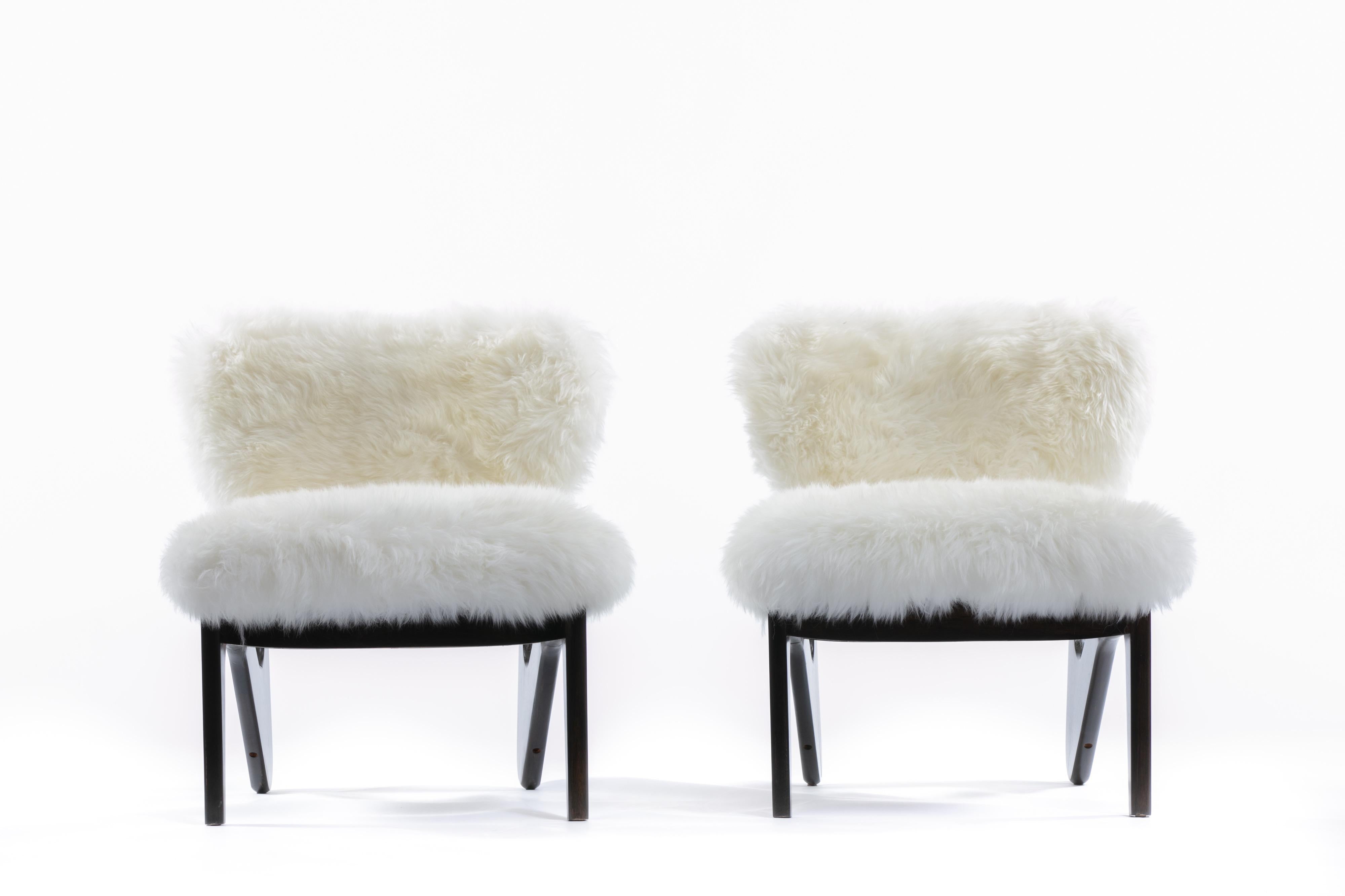 Pair of Ivory Sheepskin & Sculpted Walnut Slipper Chairs  In Good Condition In Saint Louis, MO