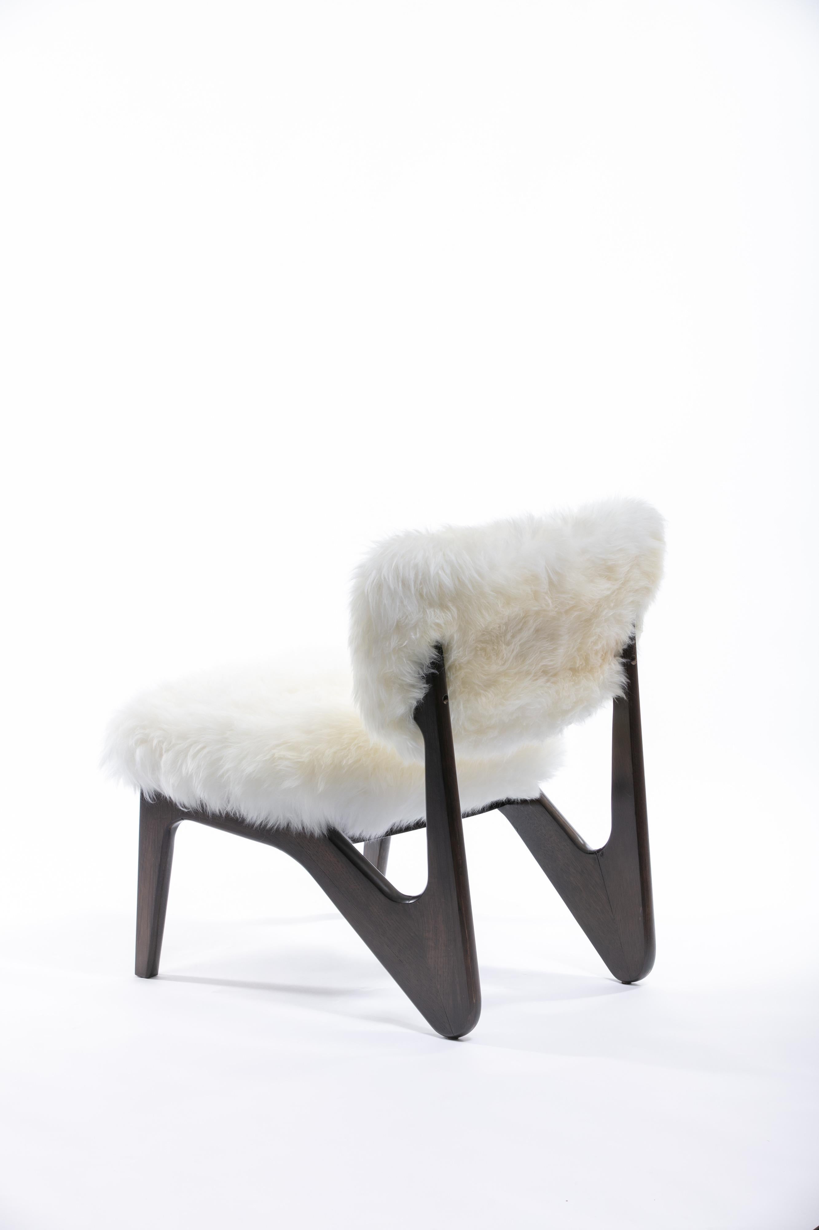 Late 20th Century Pair of Ivory Sheepskin & Sculpted Walnut Slipper Chairs 