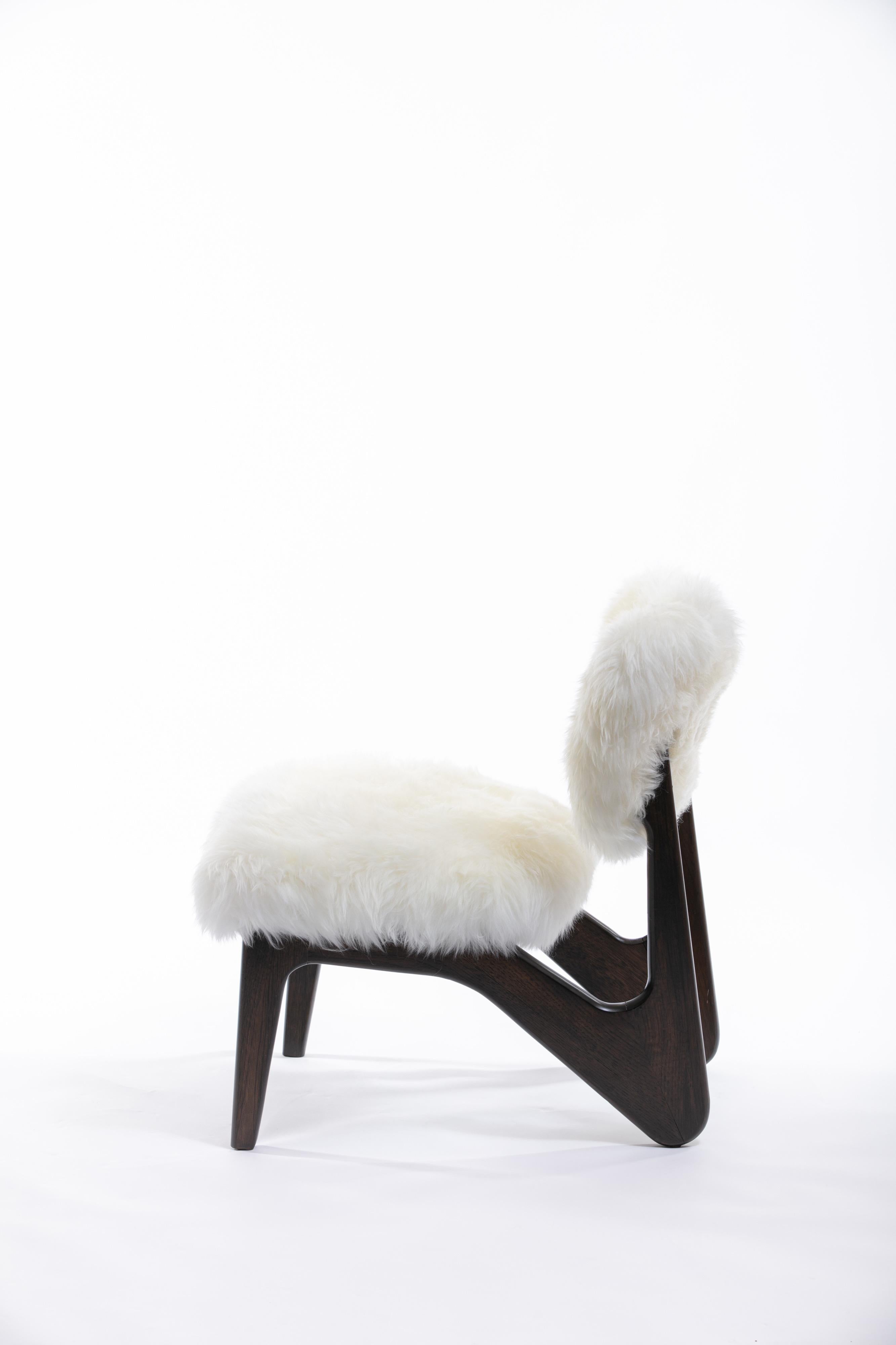 Pair of Ivory Sheepskin & Sculpted Walnut Slipper Chairs  1