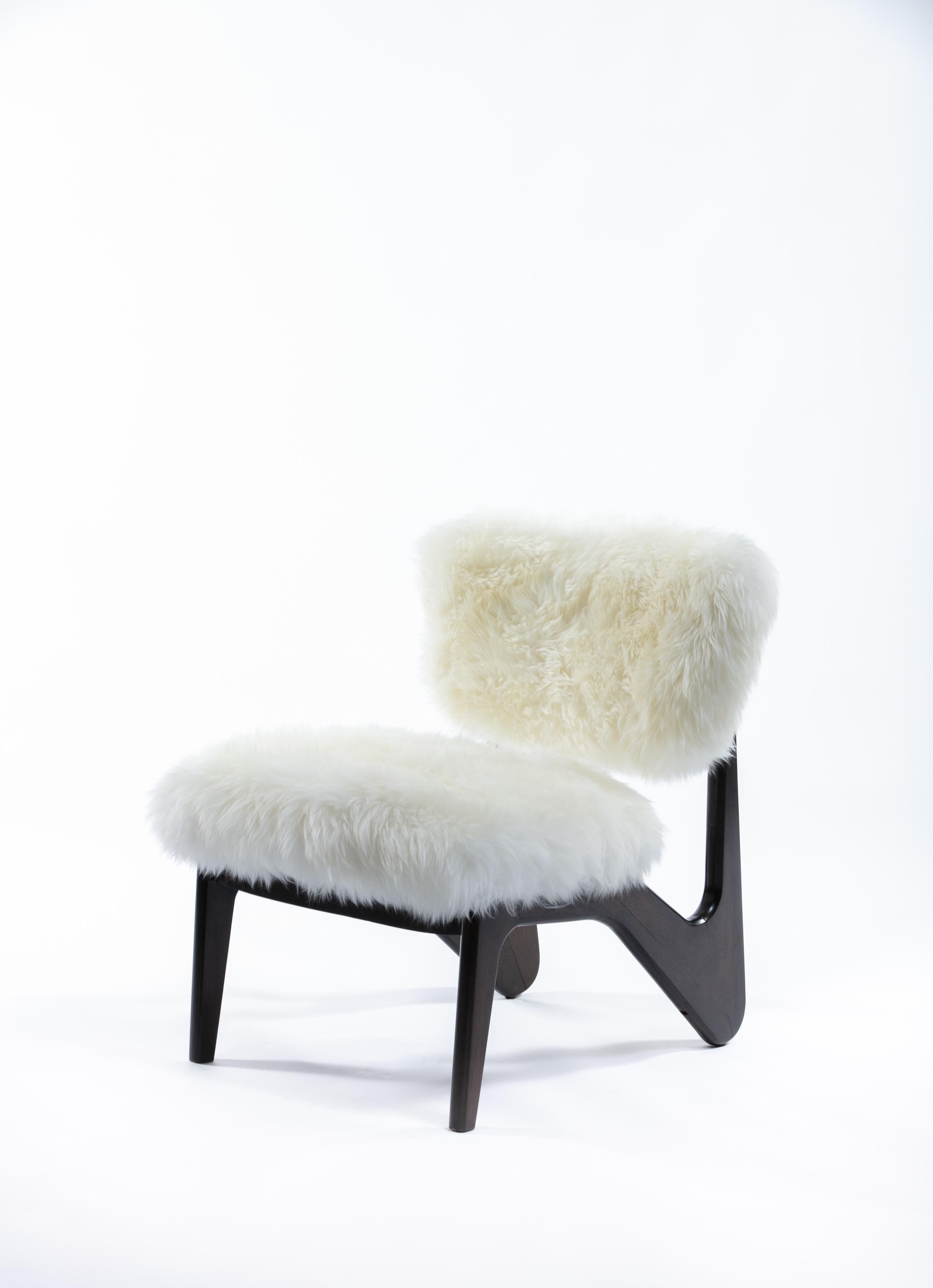 Pair of Ivory Sheepskin & Sculpted Walnut Slipper Chairs  2
