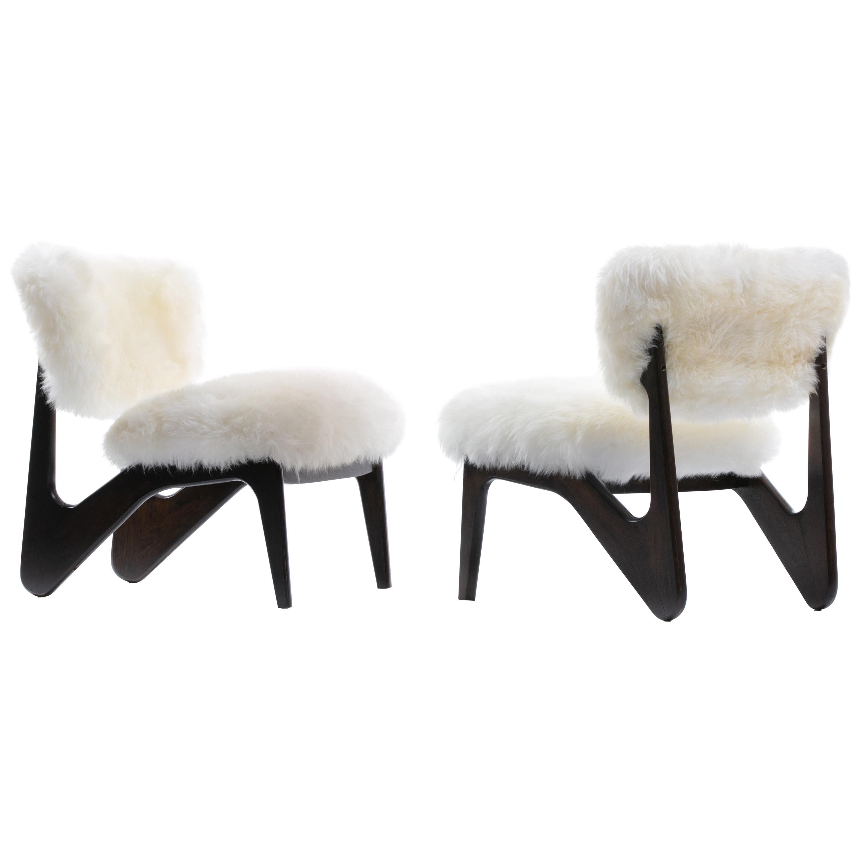 Pair of Ivory Sheepskin & Sculpted Walnut Slipper Chairs 