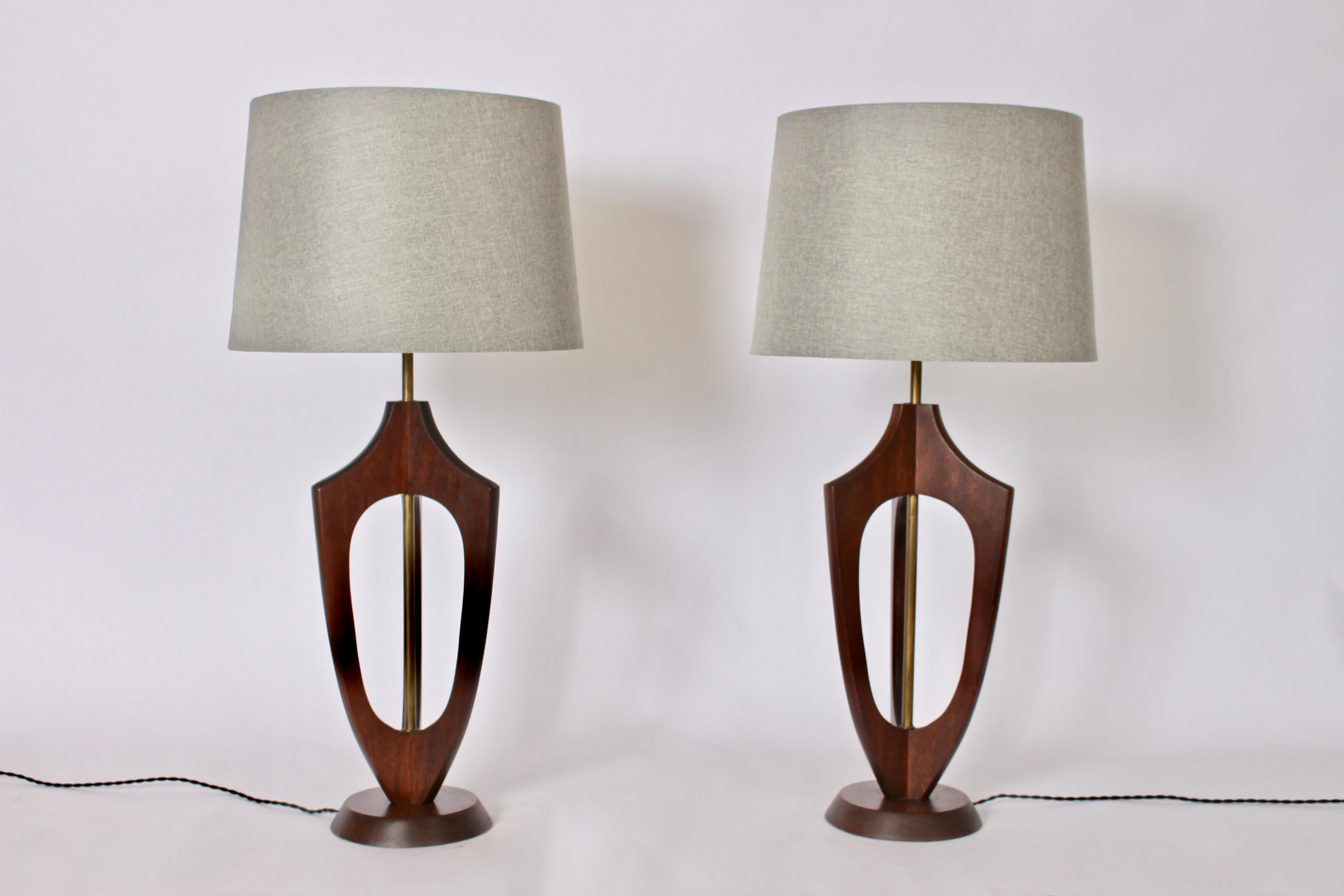 20th Century Pair of Adrian Pearsall Style Sculpted Walnut and Brass Table Lamps, 1950s