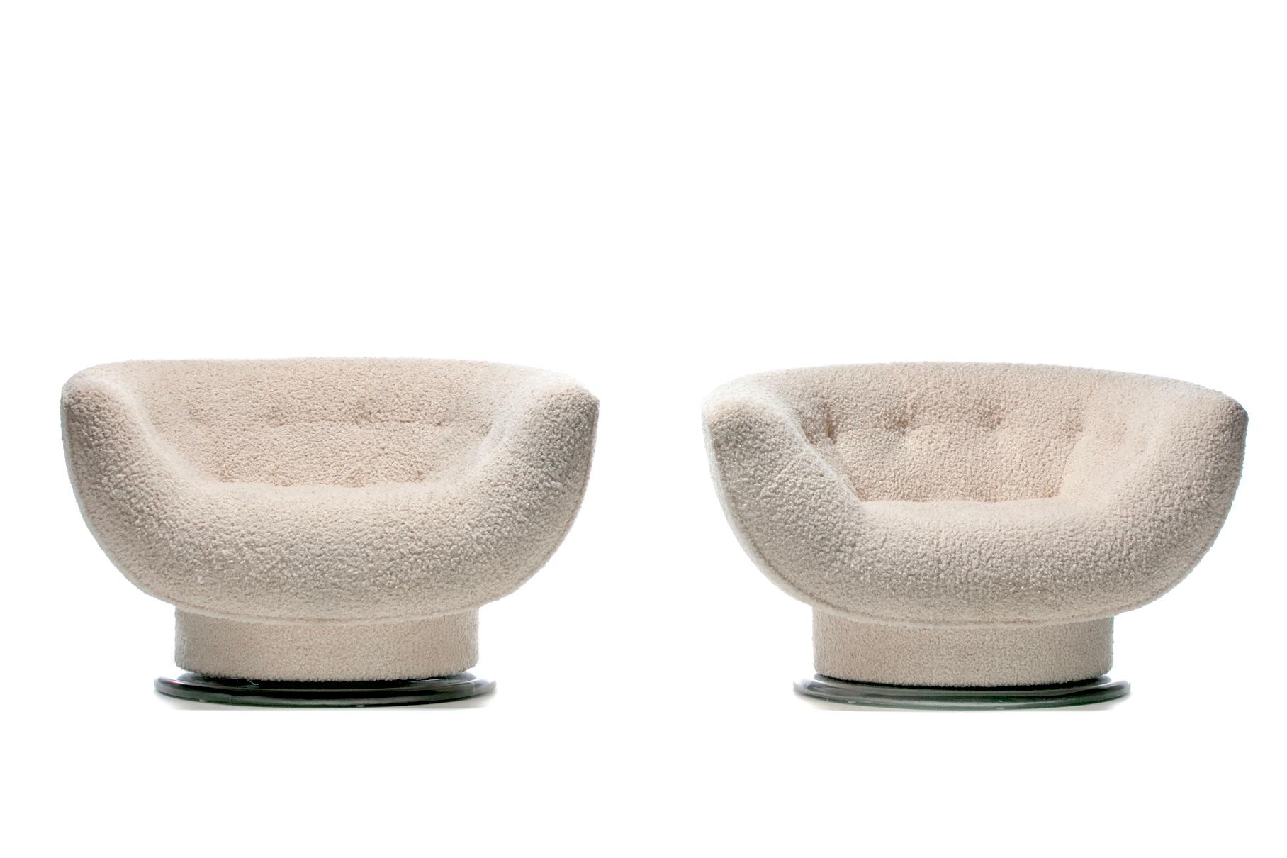 Pair of Adrian Pearsall Attributed Swivel Lounge Chairs in Ivory Bouclé For Sale 13