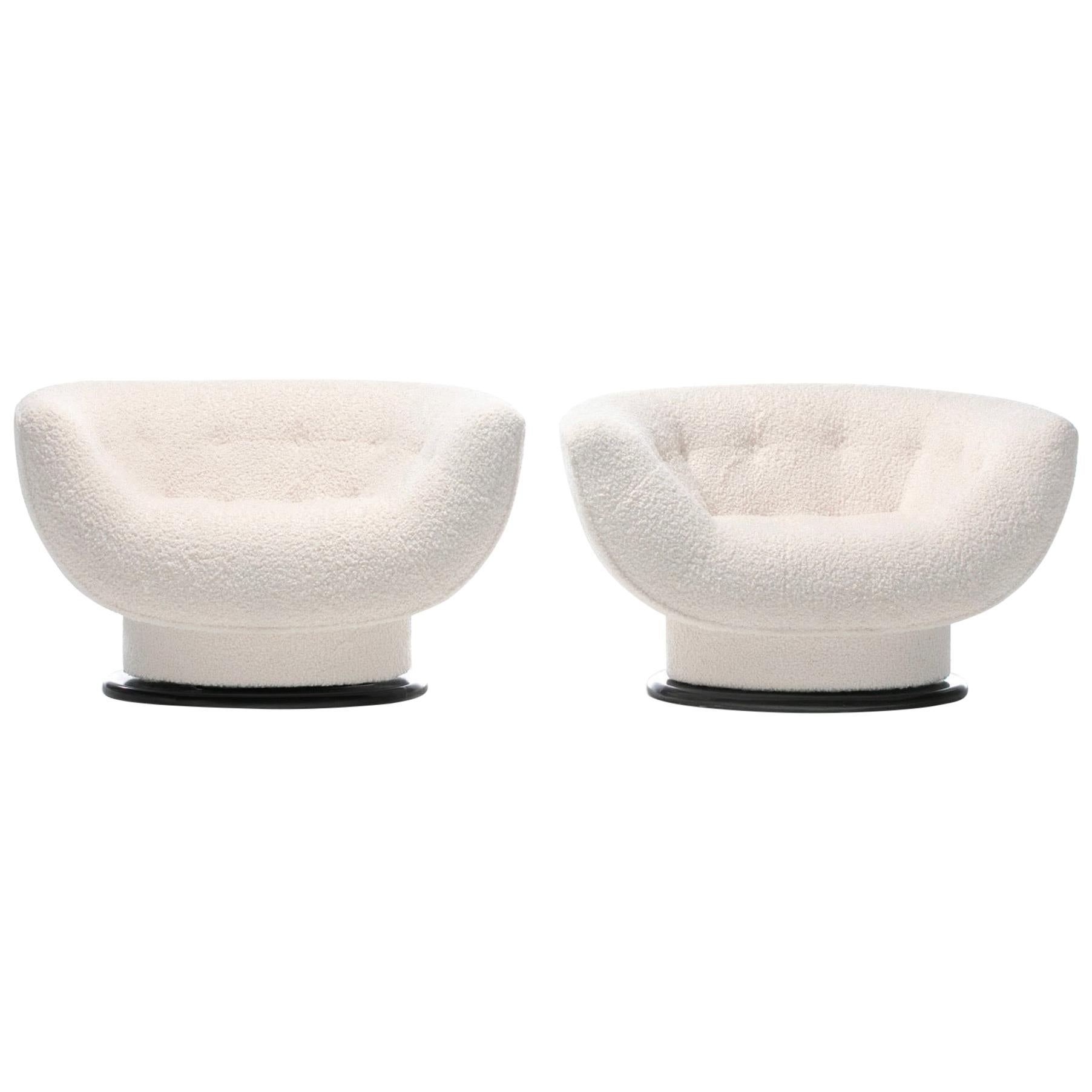 Pair of Adrian Pearsall Swivel Lounge Chairs in Ivory Bouclé with Walnut Bases