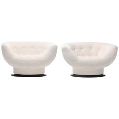 Pair of Adrian Pearsall Swivel Lounge Chairs in Ivory Bouclé with Walnut Bases