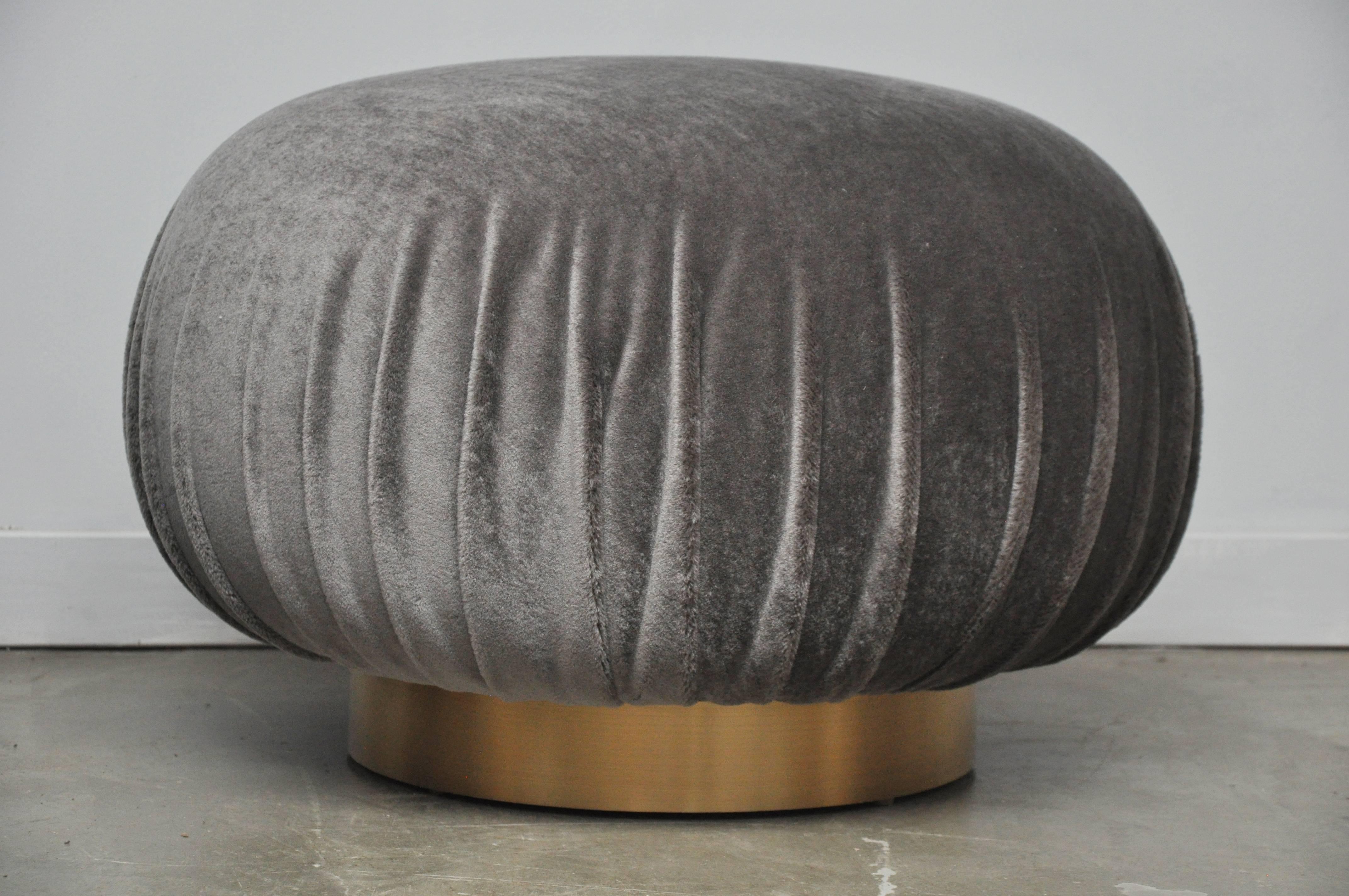 Pair of Adrian Pearsall Swivel Pouf Ottomans on Brushed Brass Bases In Excellent Condition In Chicago, IL