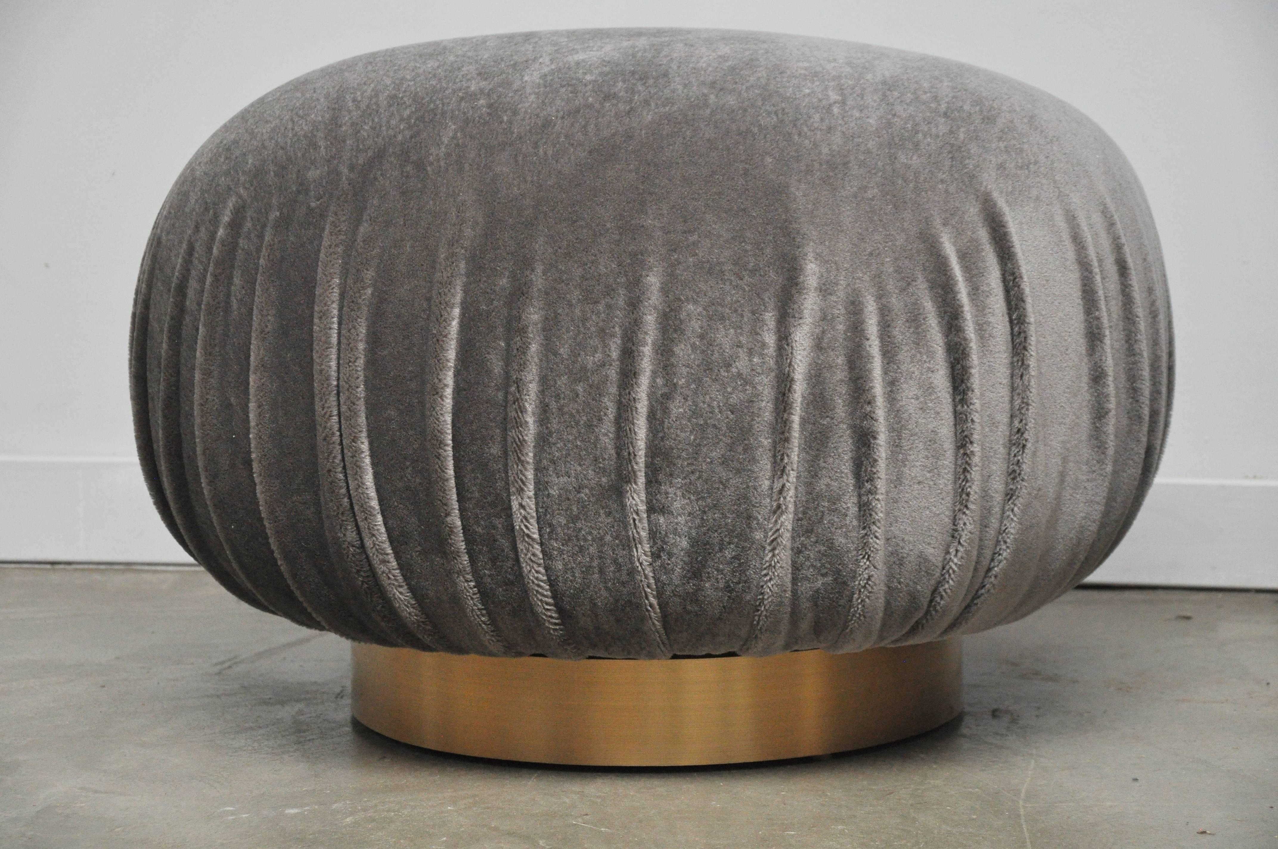 20th Century Pair of Adrian Pearsall Swivel Pouf Ottomans on Brushed Brass Bases