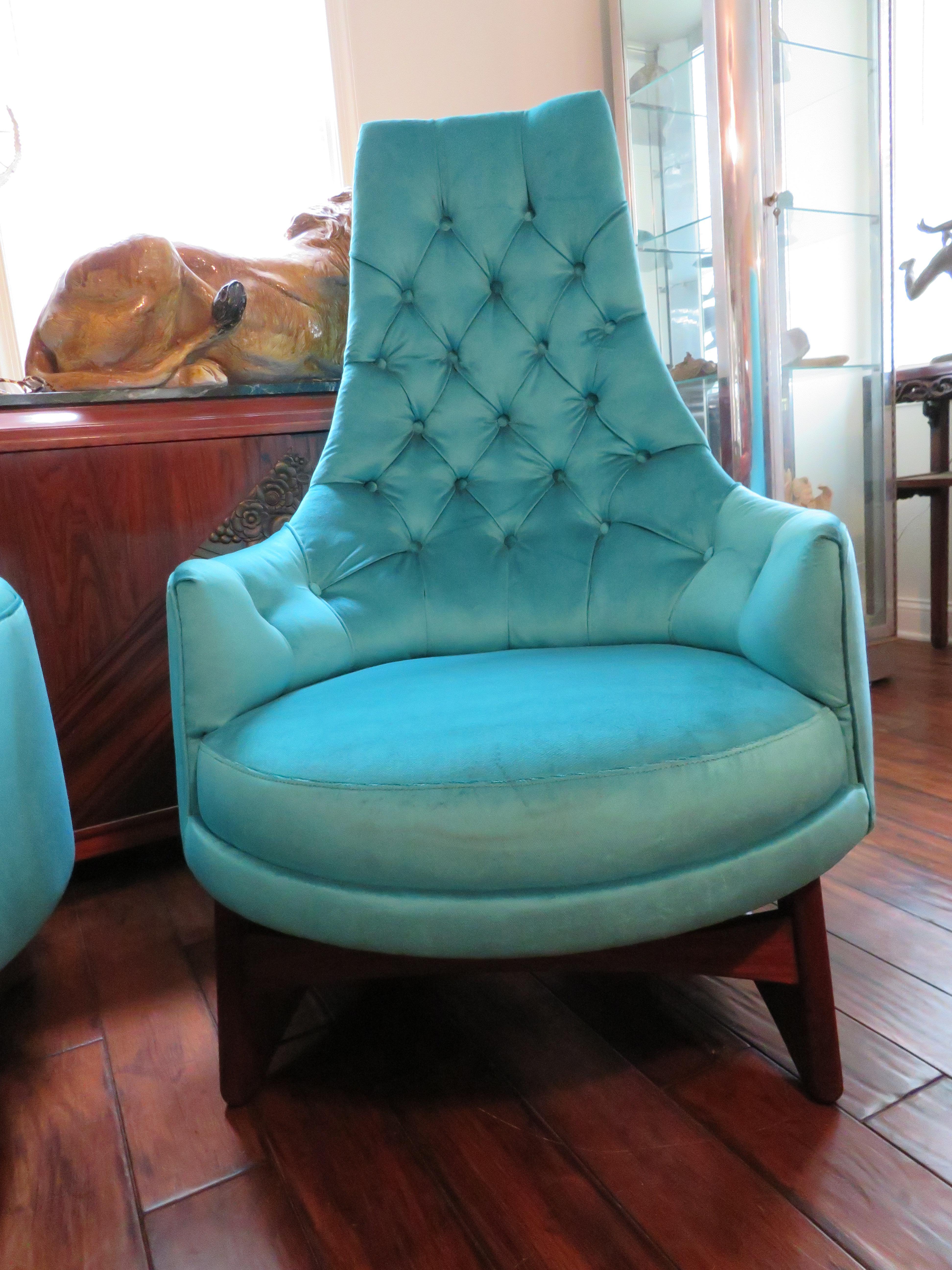 Mid-20th Century Pair of Adrian Pearsall Tall Back Tufted Sculpted Walnut Base Lounge Chair For Sale