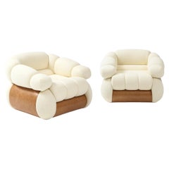 Pair of Adriano Piazzesi Italian 1970's Leather and Fabric Lounge Chairs