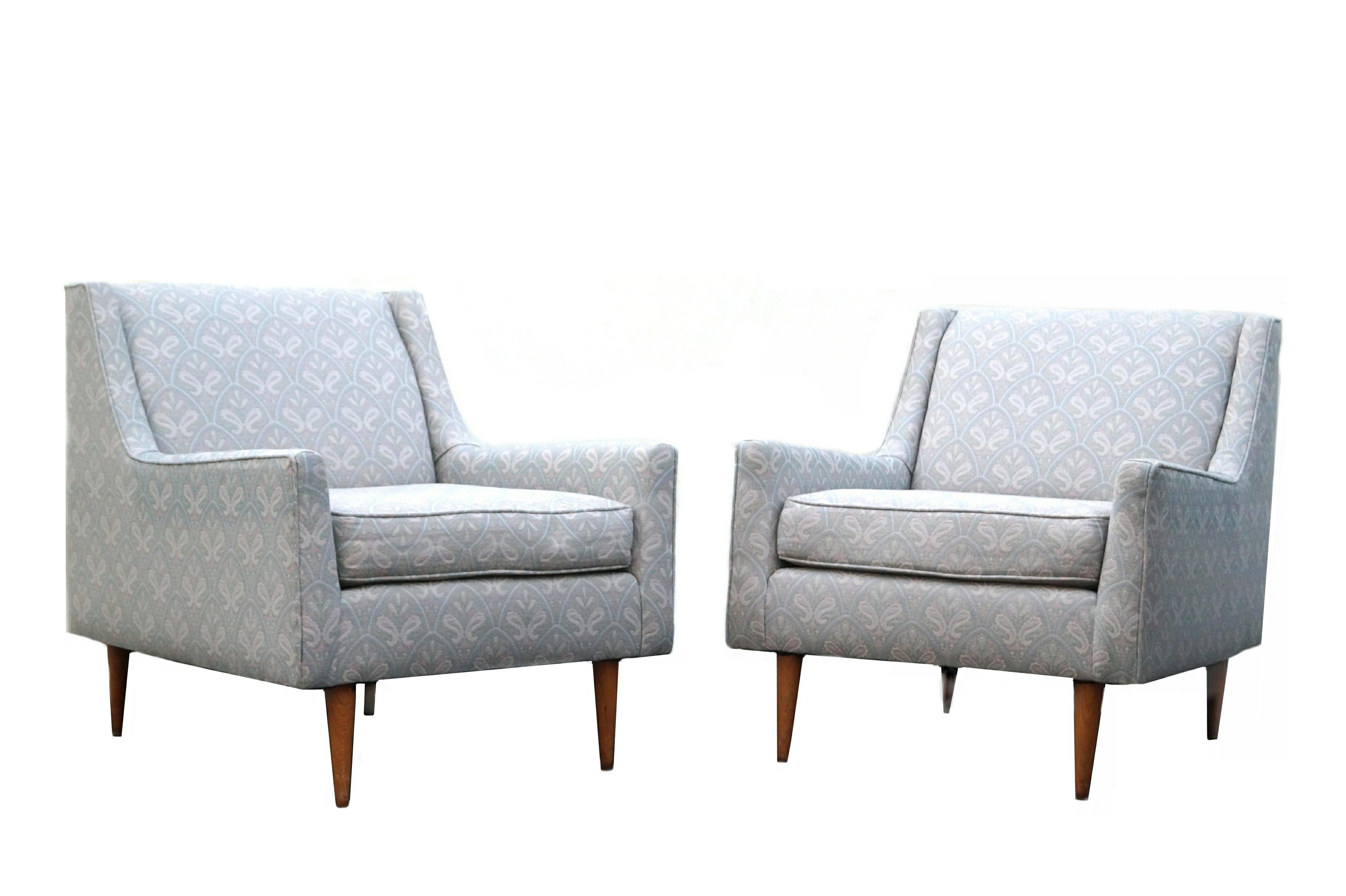 This is a pair of 1950's Mid-Century Modern lounge chairs that appear to have been reupholstered in the 1970's They are in the Manner of Edward Wormley. Not marked or signed, as they were reupholstered.
If you are in the New Jersey , New York City