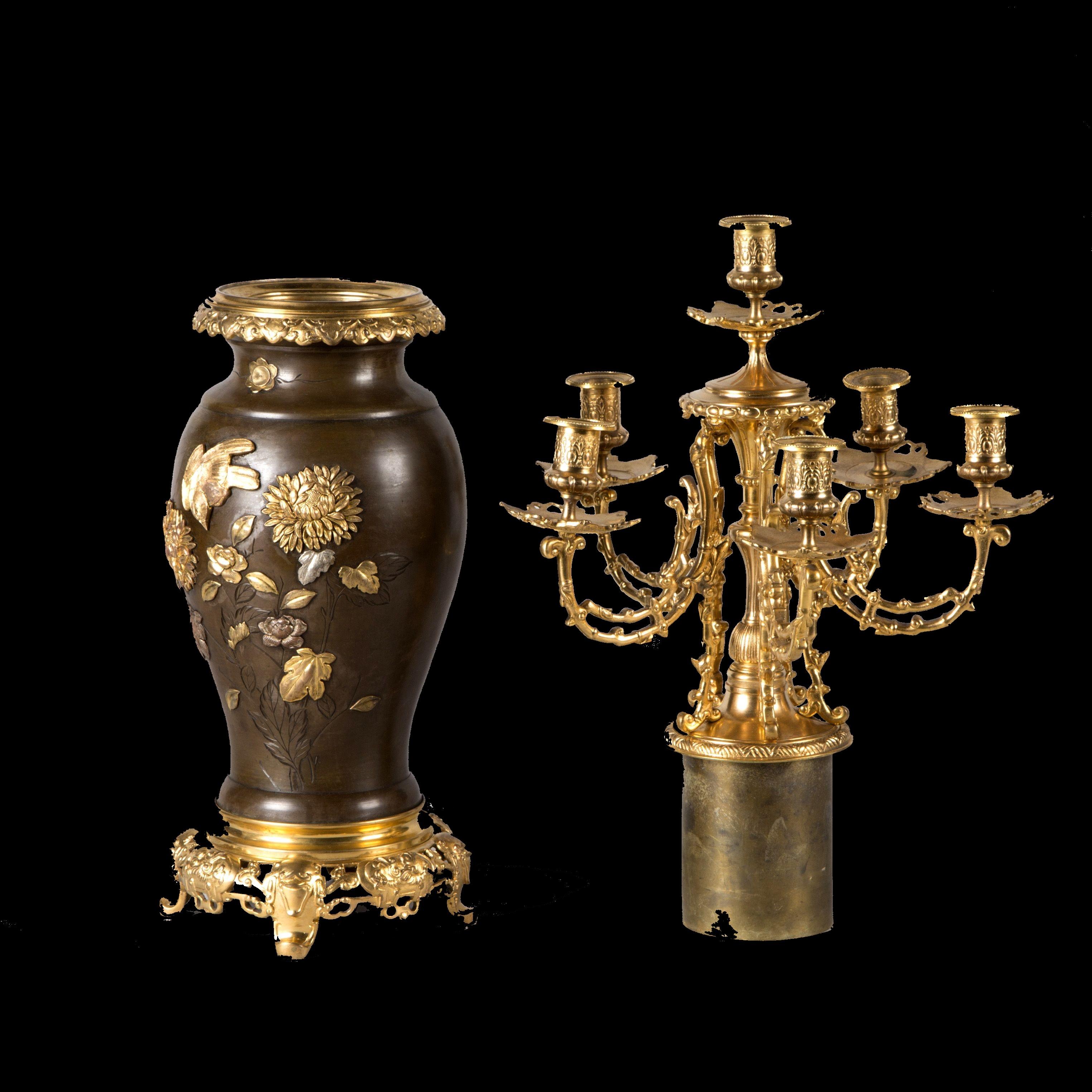 Pair Of Aesthetic/Japonism Style Candelabras - Meiji with Shakudo Decoration im Zustand „Gut“ im Angebot in MOUGINS, FR