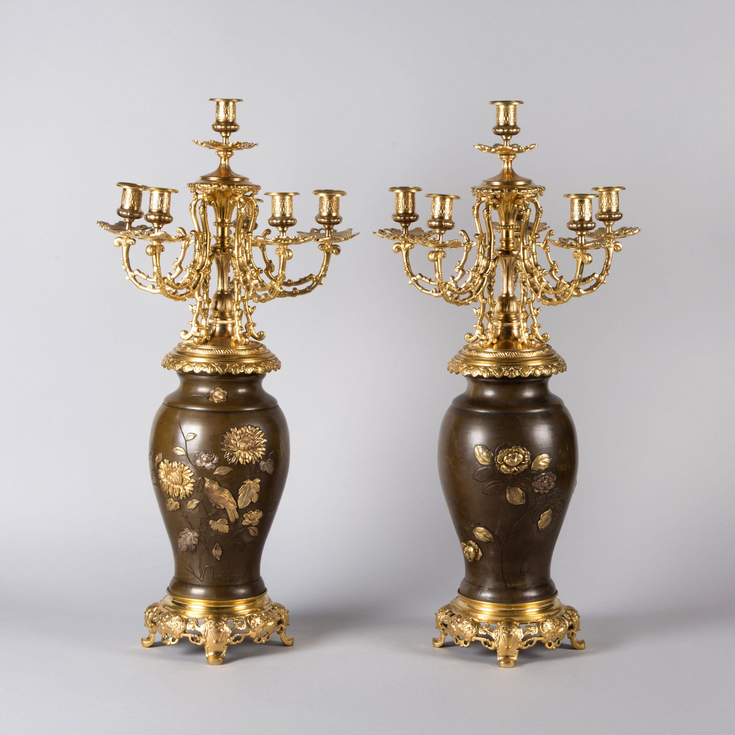 Pair Of Aesthetic/Japonism Style Candelabras - Meiji with Shakudo Decoration im Angebot 1