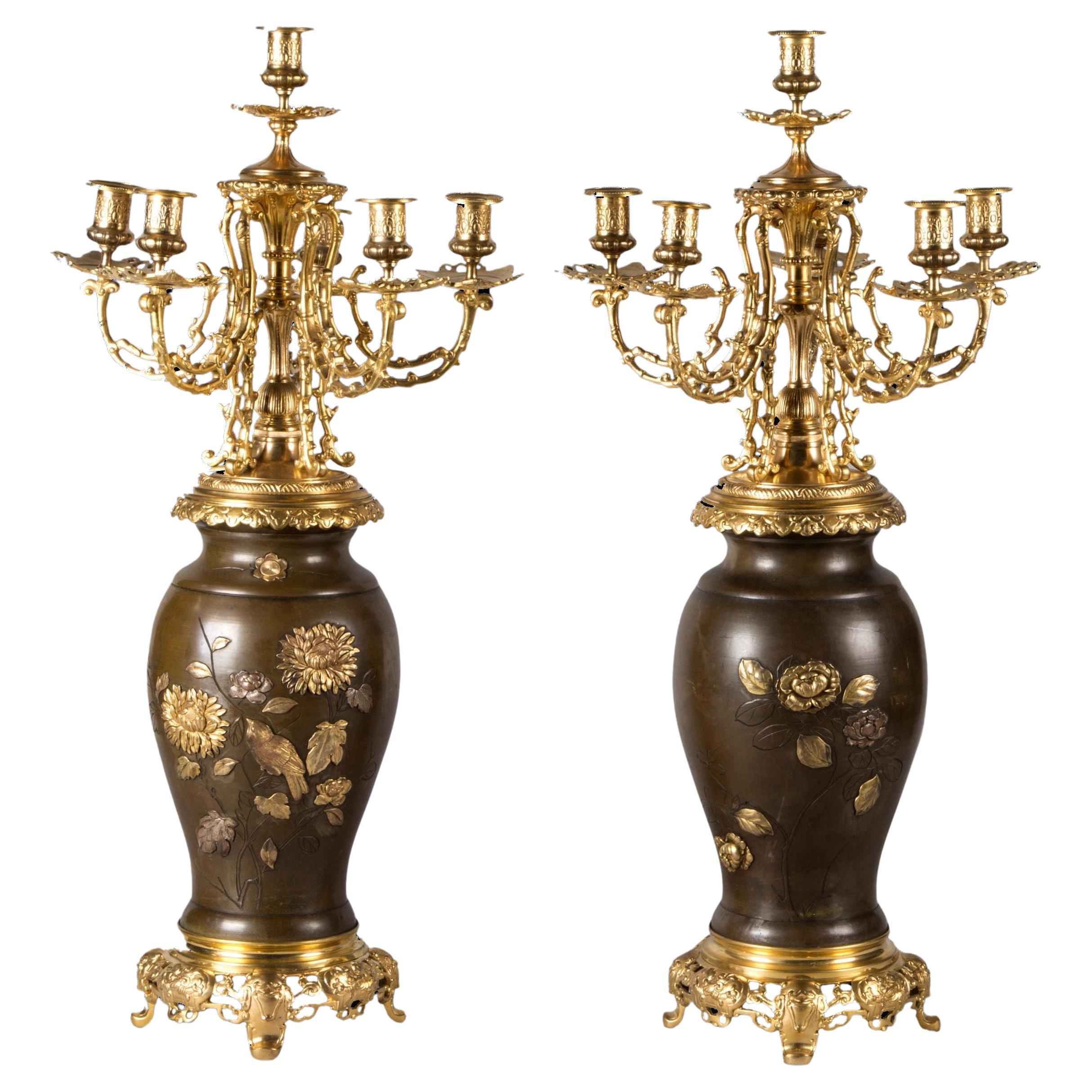 Pair Of Aesthetic/Japonism Style Candelabras - Meiji with Shakudo Decoration