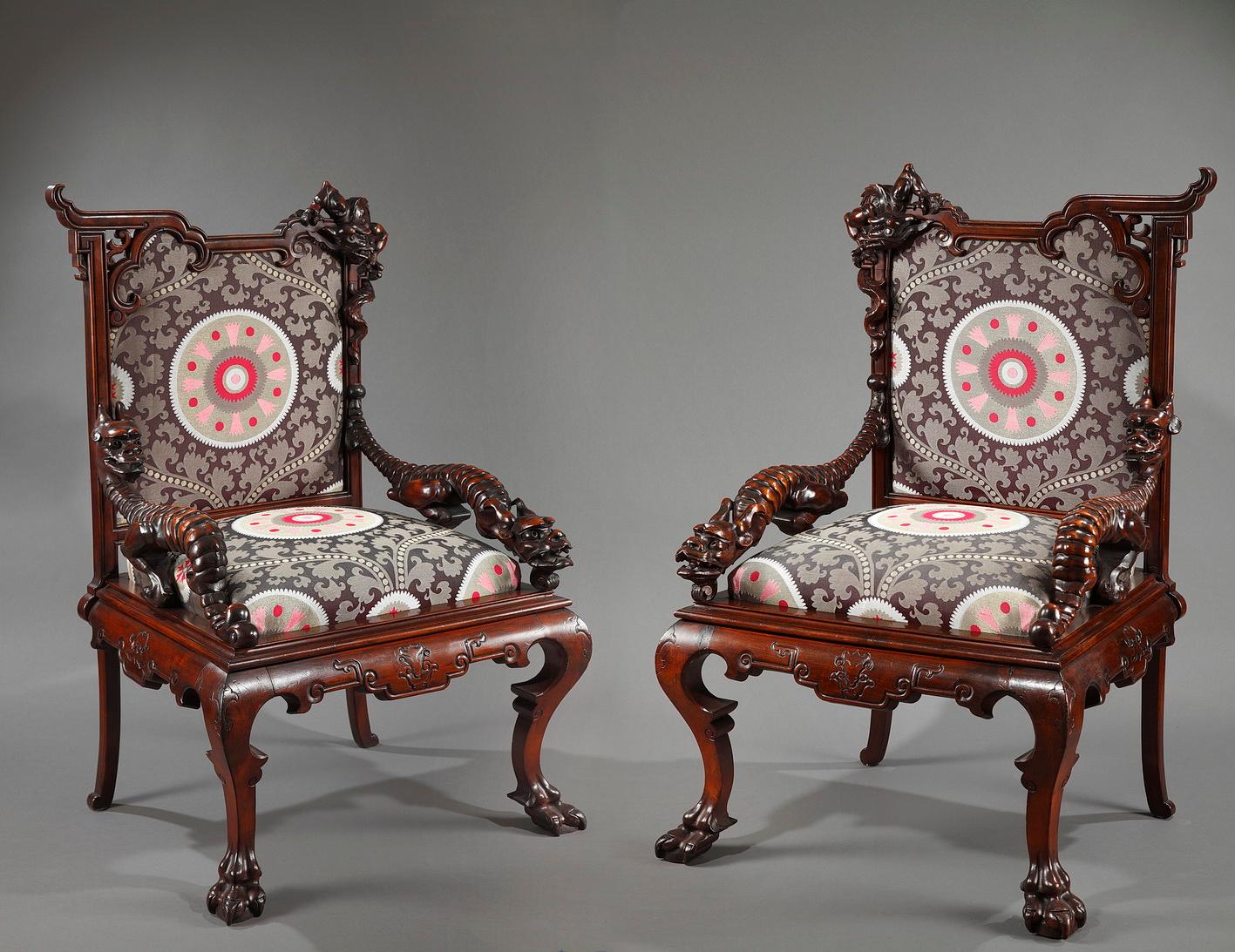 These armchairs made of tinted wood are to be linked to another pair of armchairs executed by Gabriel Viardot, and now exhibited at the Decorative Arts Museum in Paris (Inv. 2006.105.1.2). They present a similar asymmetric design and an equal