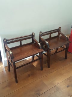 Pair of Aesthetic Movement oak hall seat benches  by J  A S Shoolbred