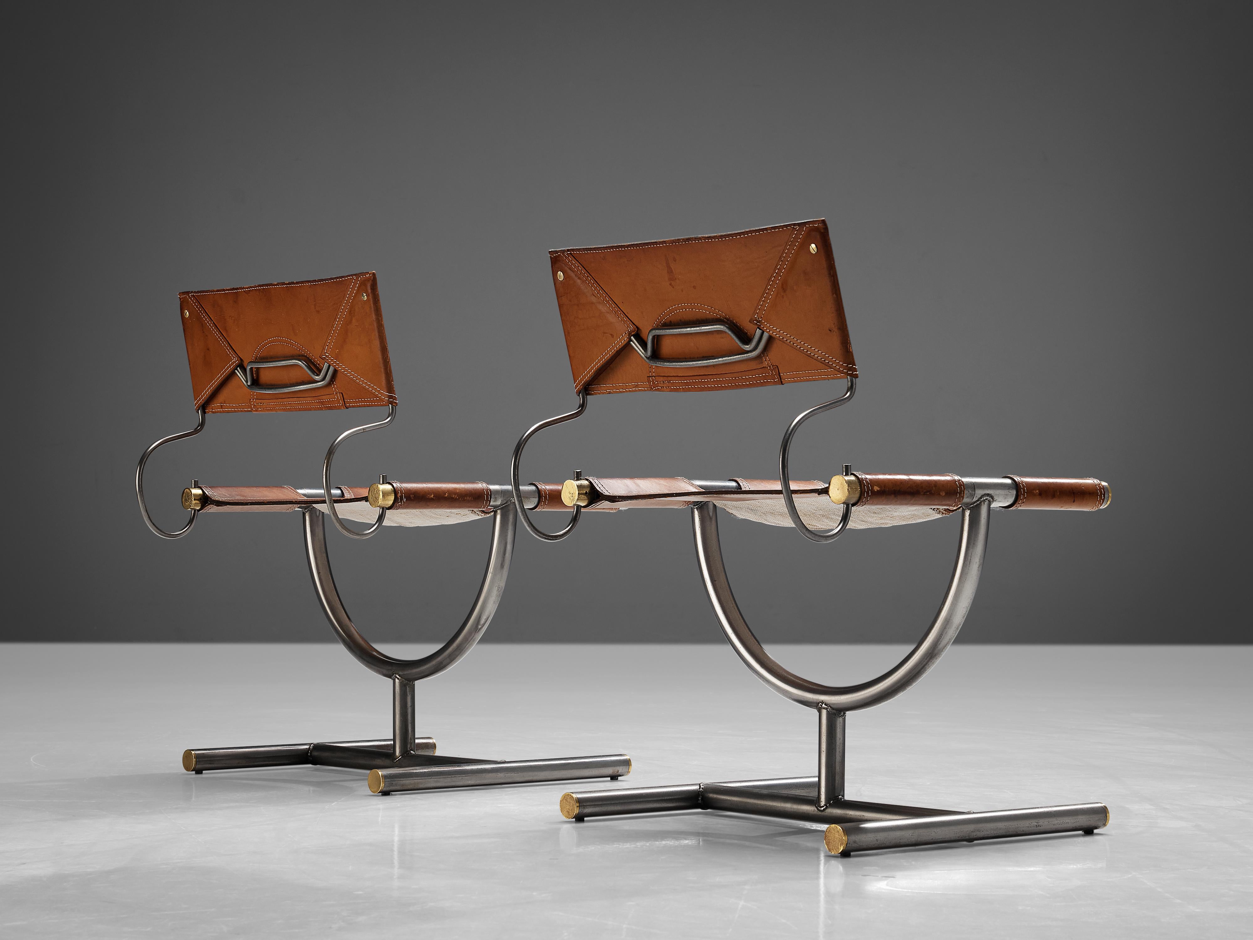 Brass Pair of Afra & Tobia Scarpa ‘Benetton’ Chairs in Leather