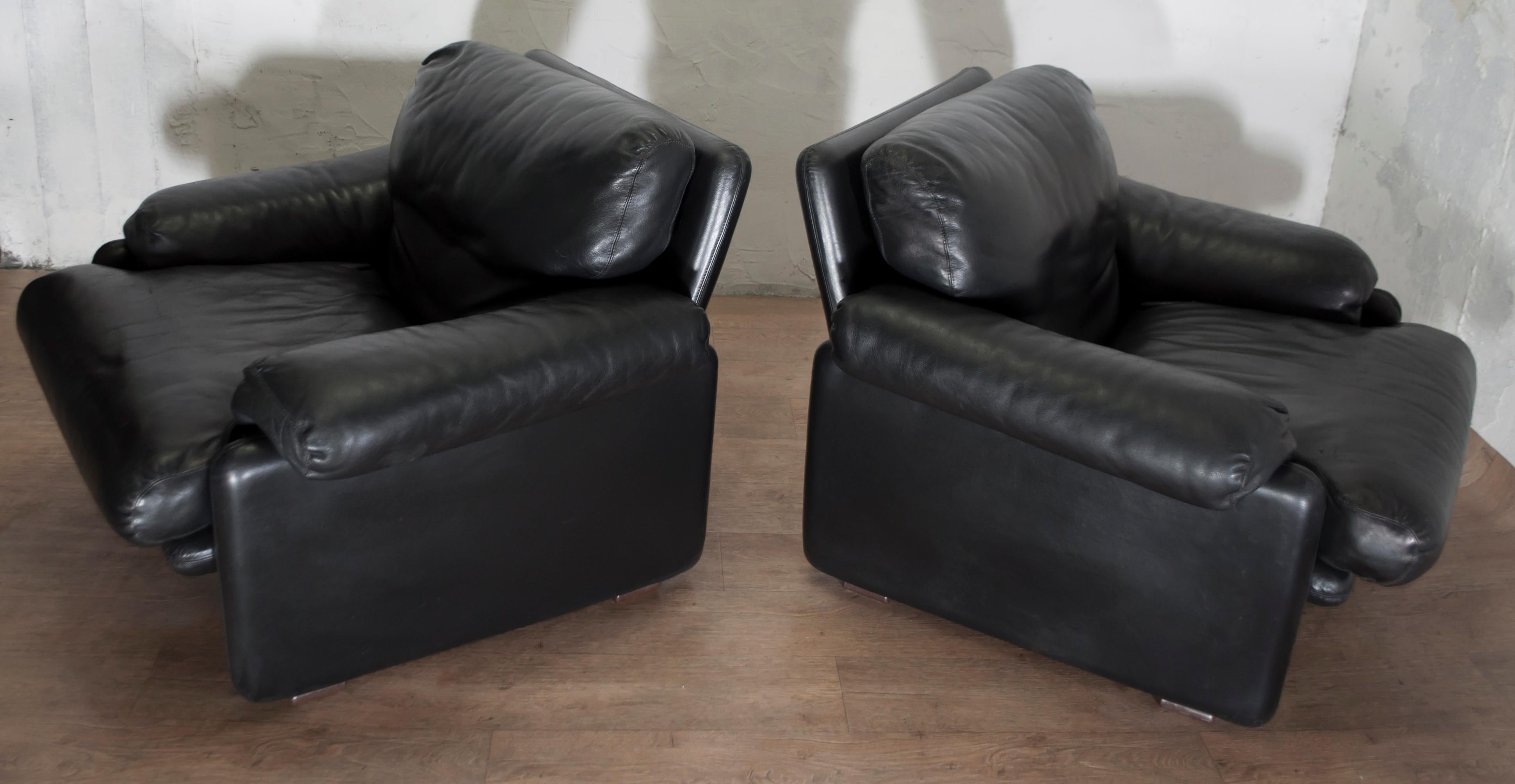 Pair of Afra & Tobia Scarpa Italian Leather Armchairs 