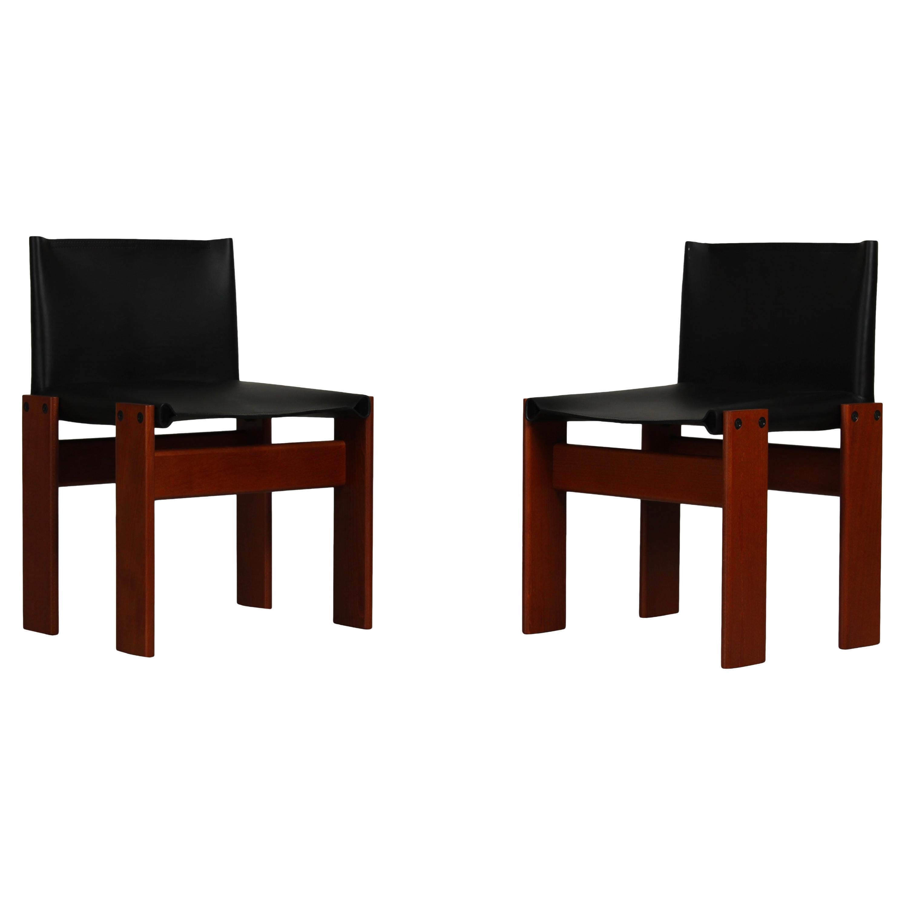 Pair of Afra 
Tobia Scarpa Monk Chairs for Molteni, Black Aniline Leather, 1973