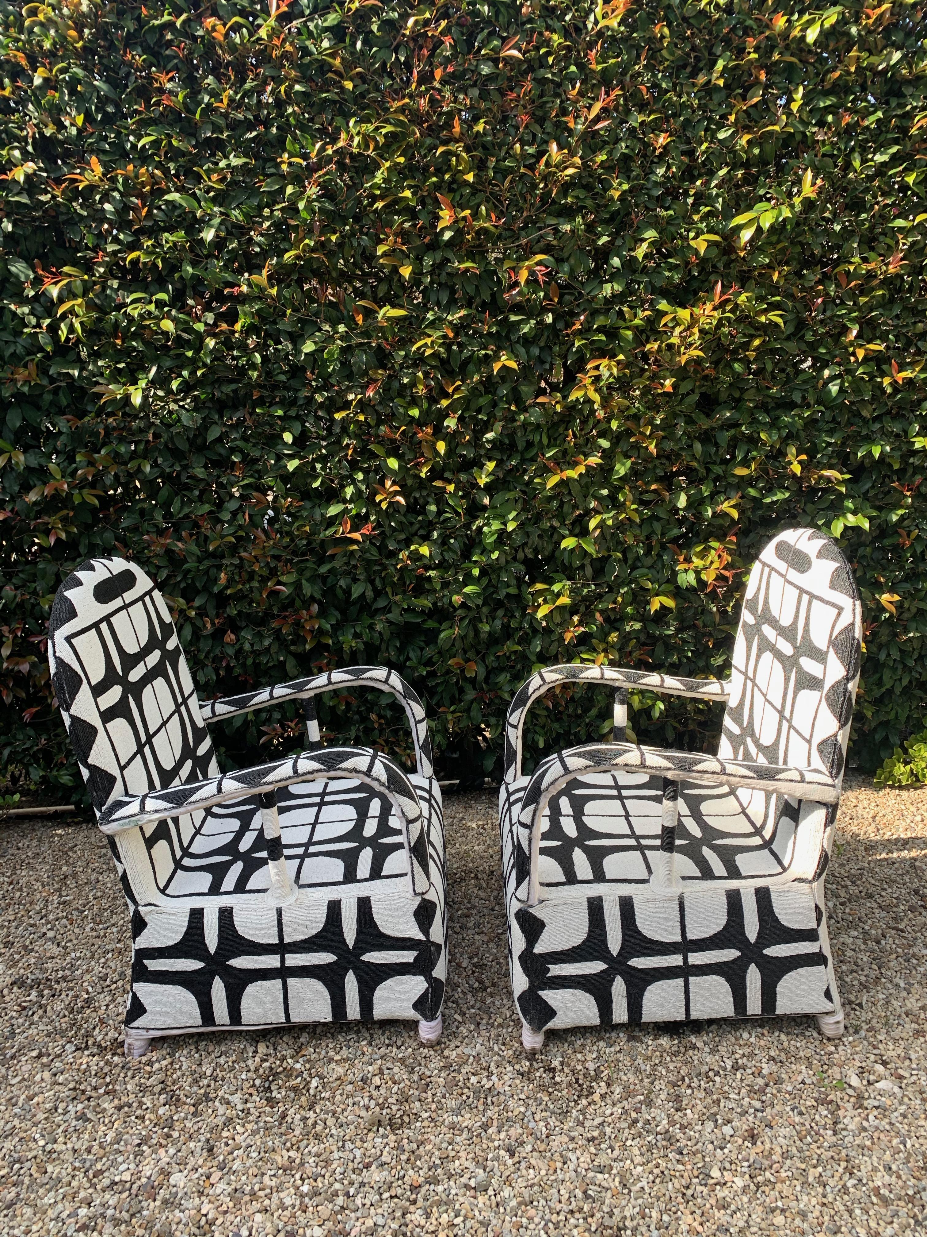 Nigerian Pair of African Beaded Ceremonial Chairs