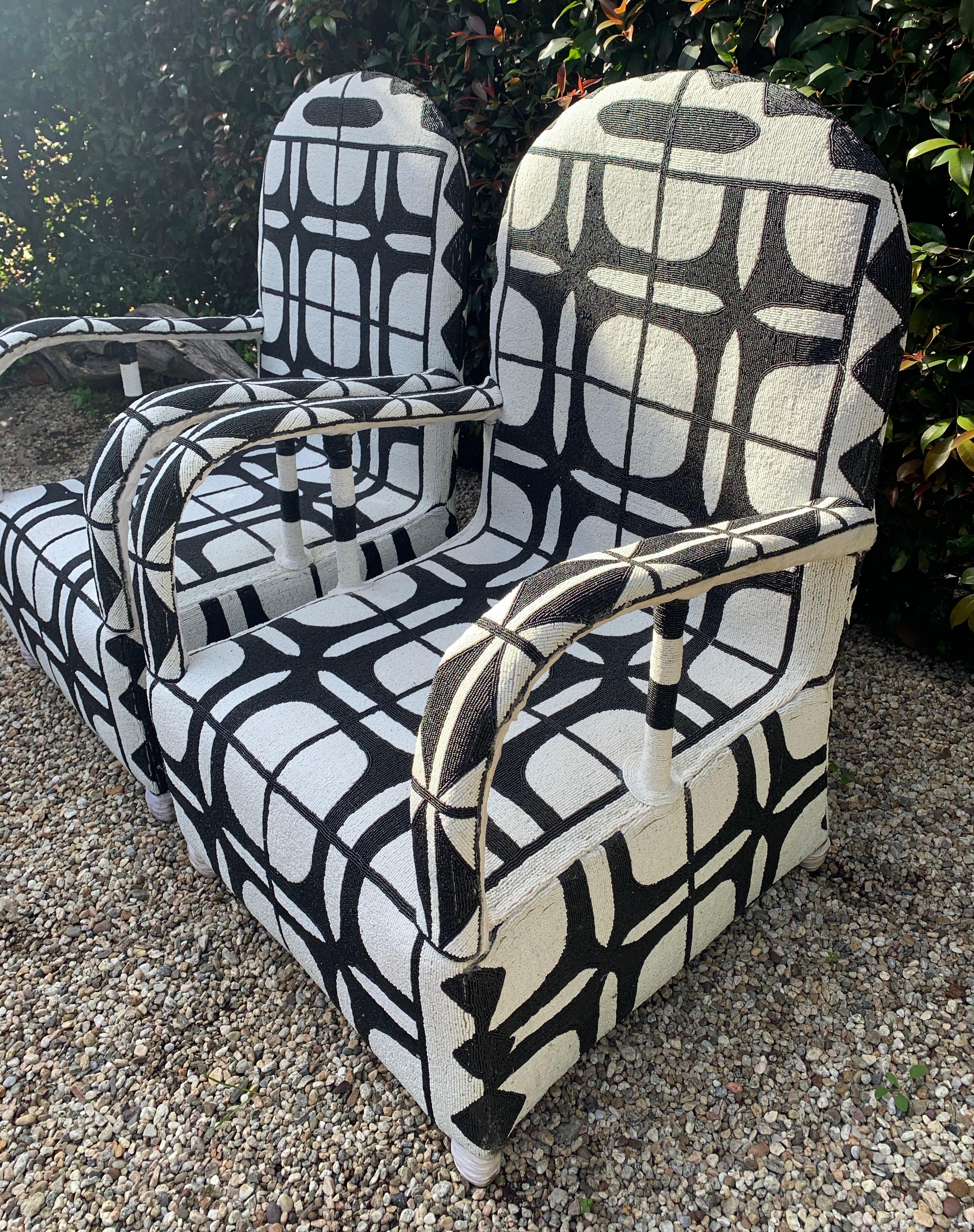 20th Century Pair of African Beaded Ceremonial Chairs