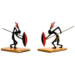 Retro Pair of African Bronze Bookends Warrior in the Style of Hagenauer, circa 1930s