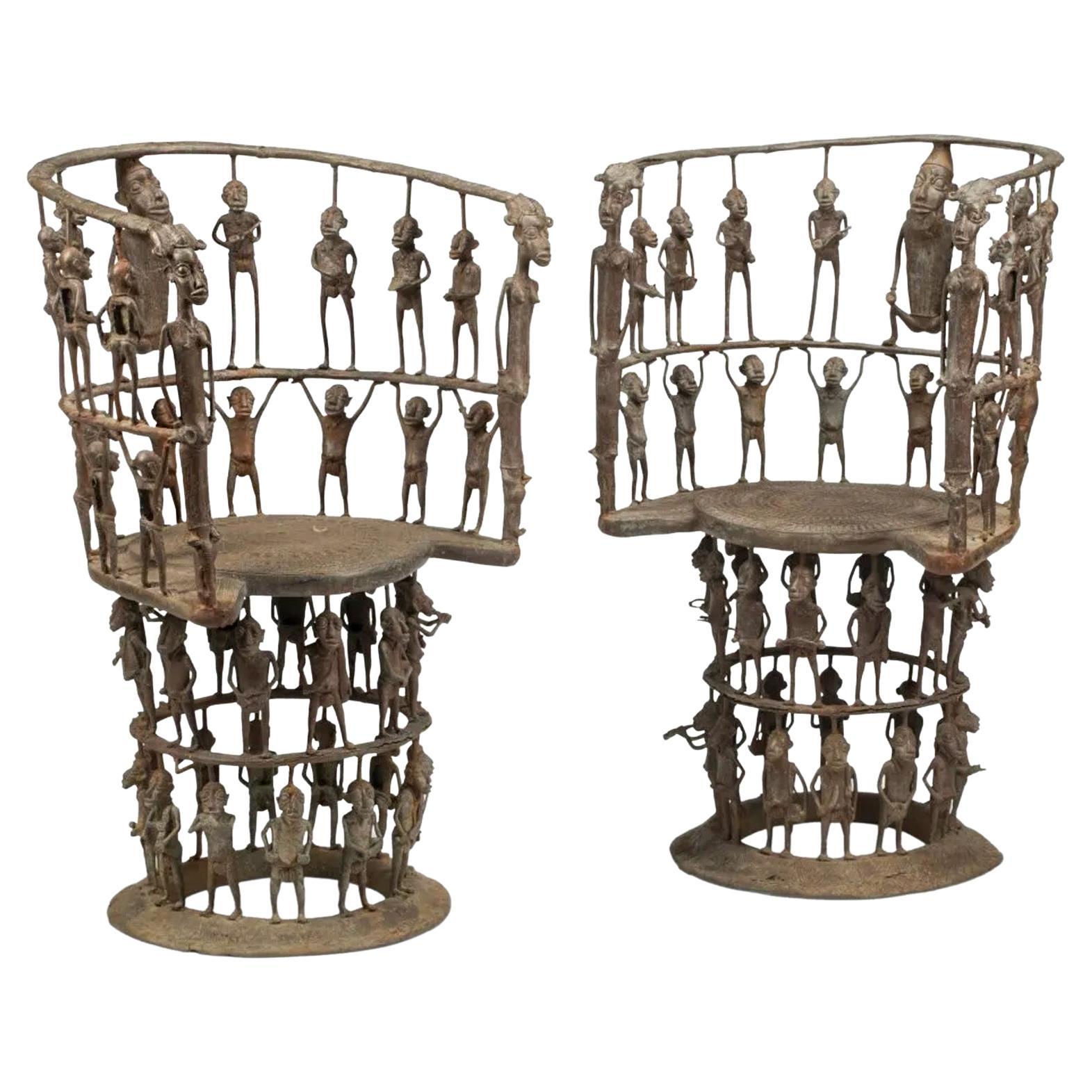 Pair of African Bronze Figurative Throne Chairs For Sale