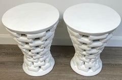 Pair of African Style Carved Teak Pedestal Side Tables, in White