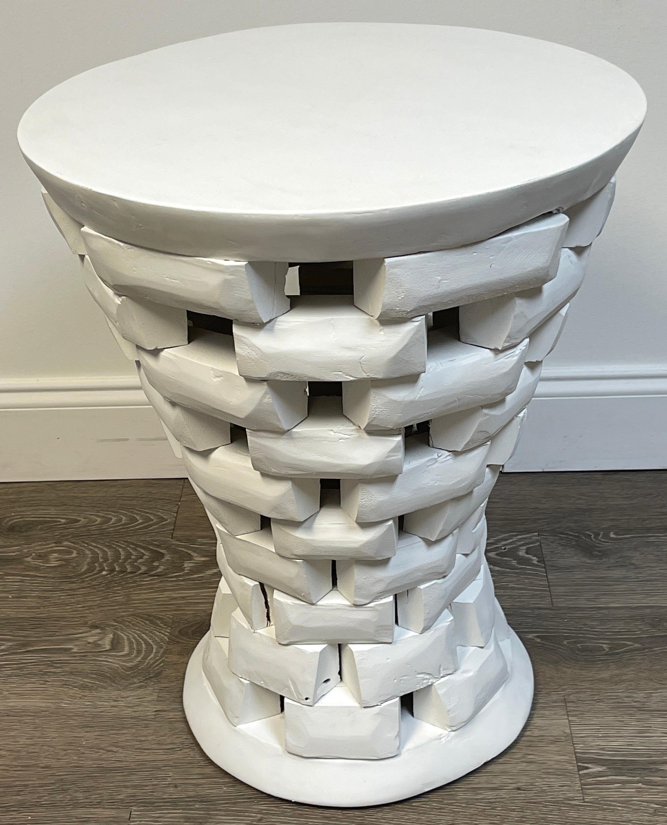 Modern Pair of African Style Carved Teak Pedestal Side Tables, in White For Sale