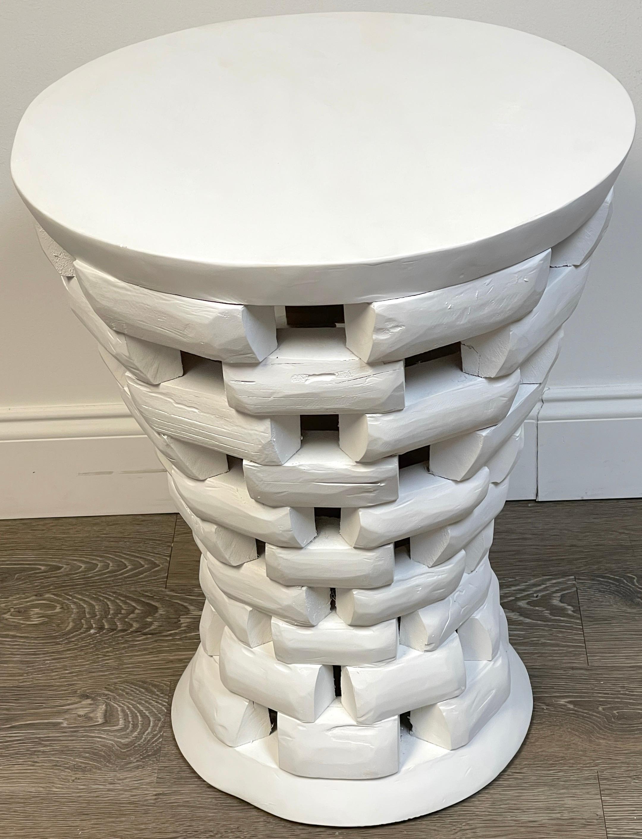 Hand-Carved Pair of African Style Carved Teak Pedestal Side Tables, in White For Sale