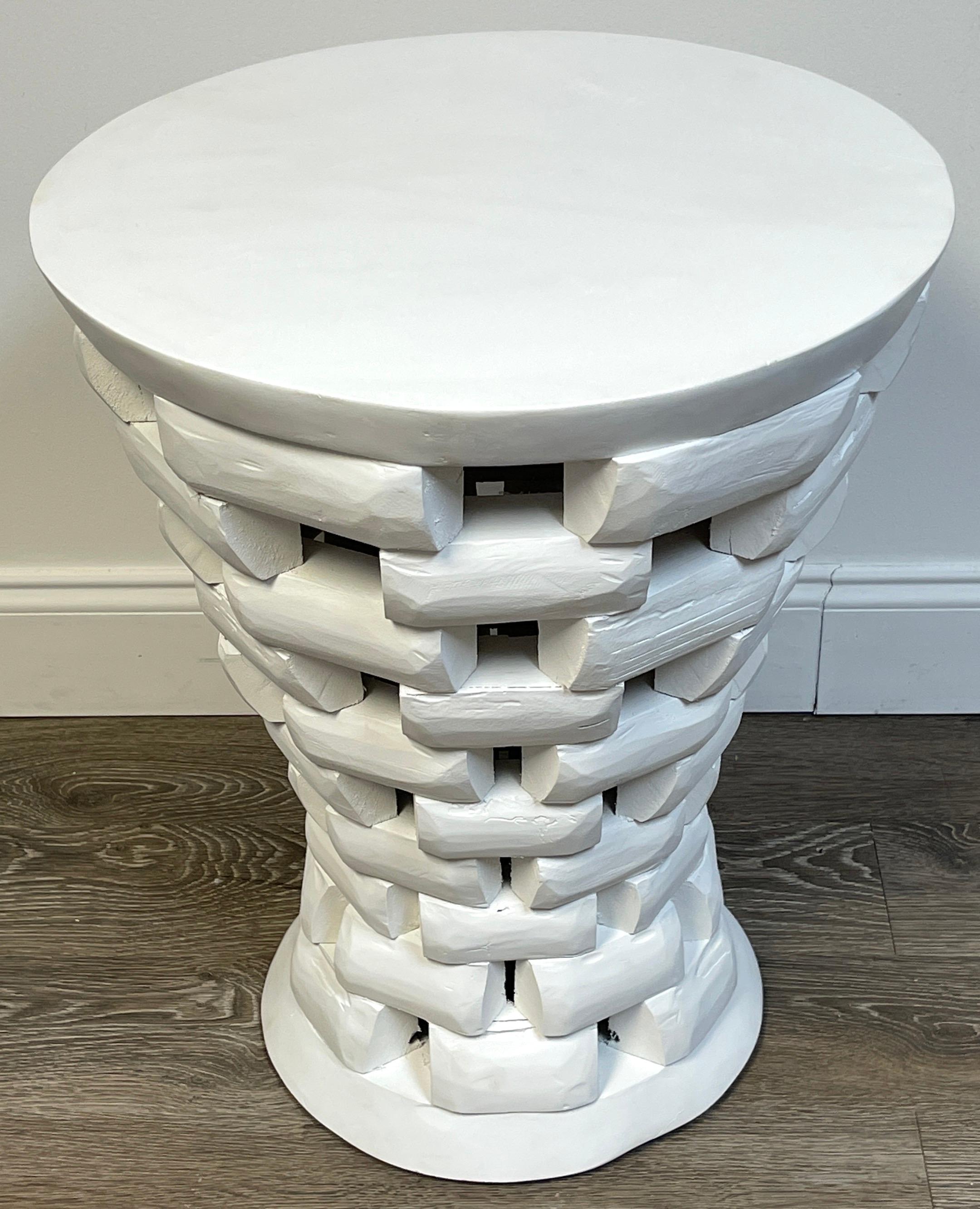 Pair of African Style Carved Teak Pedestal Side Tables, in White For Sale 1