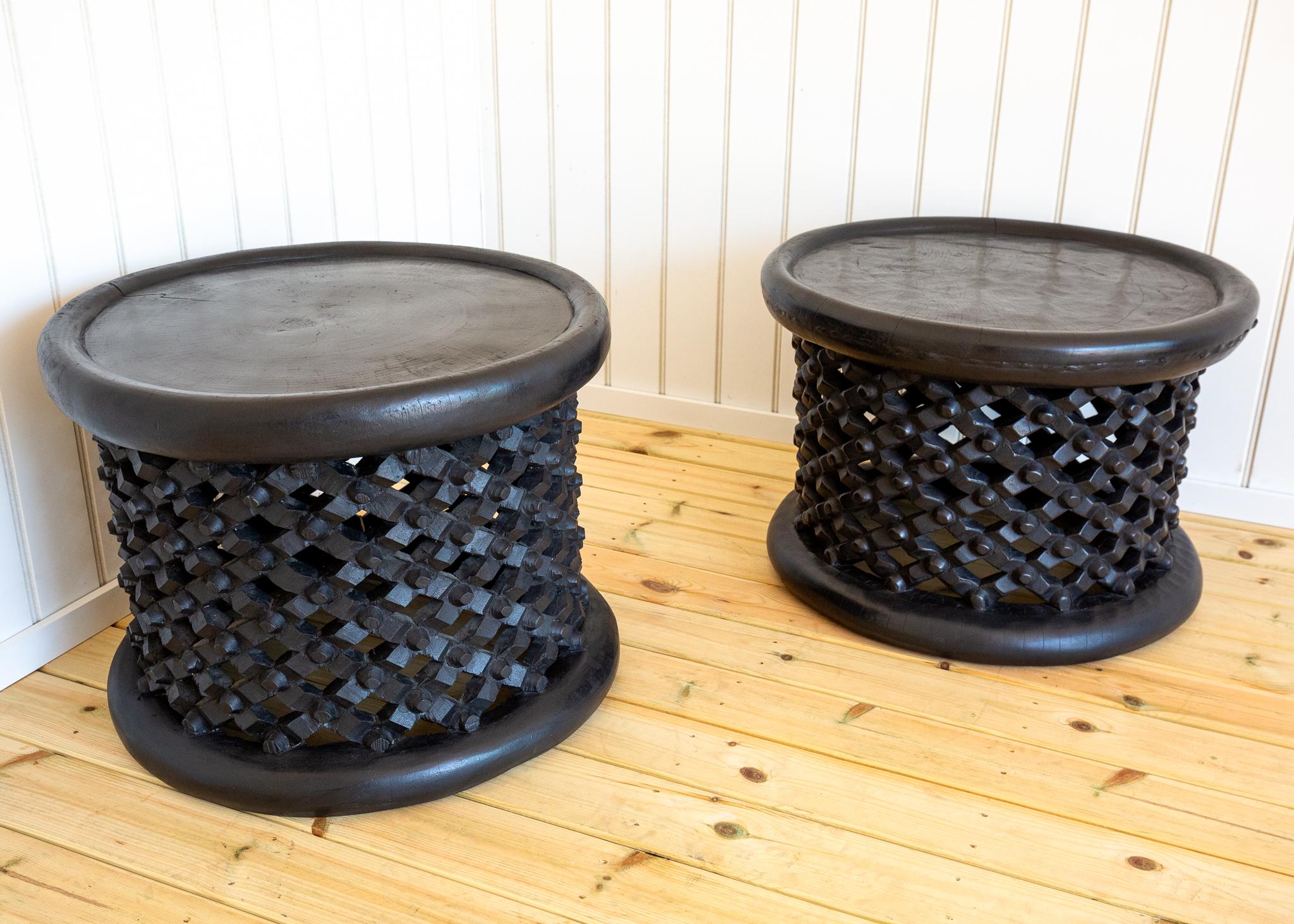 Cameroonian Pair of African Coffee Tables Sculptural Organic Tribal Bamileke Black MCM 1950s For Sale