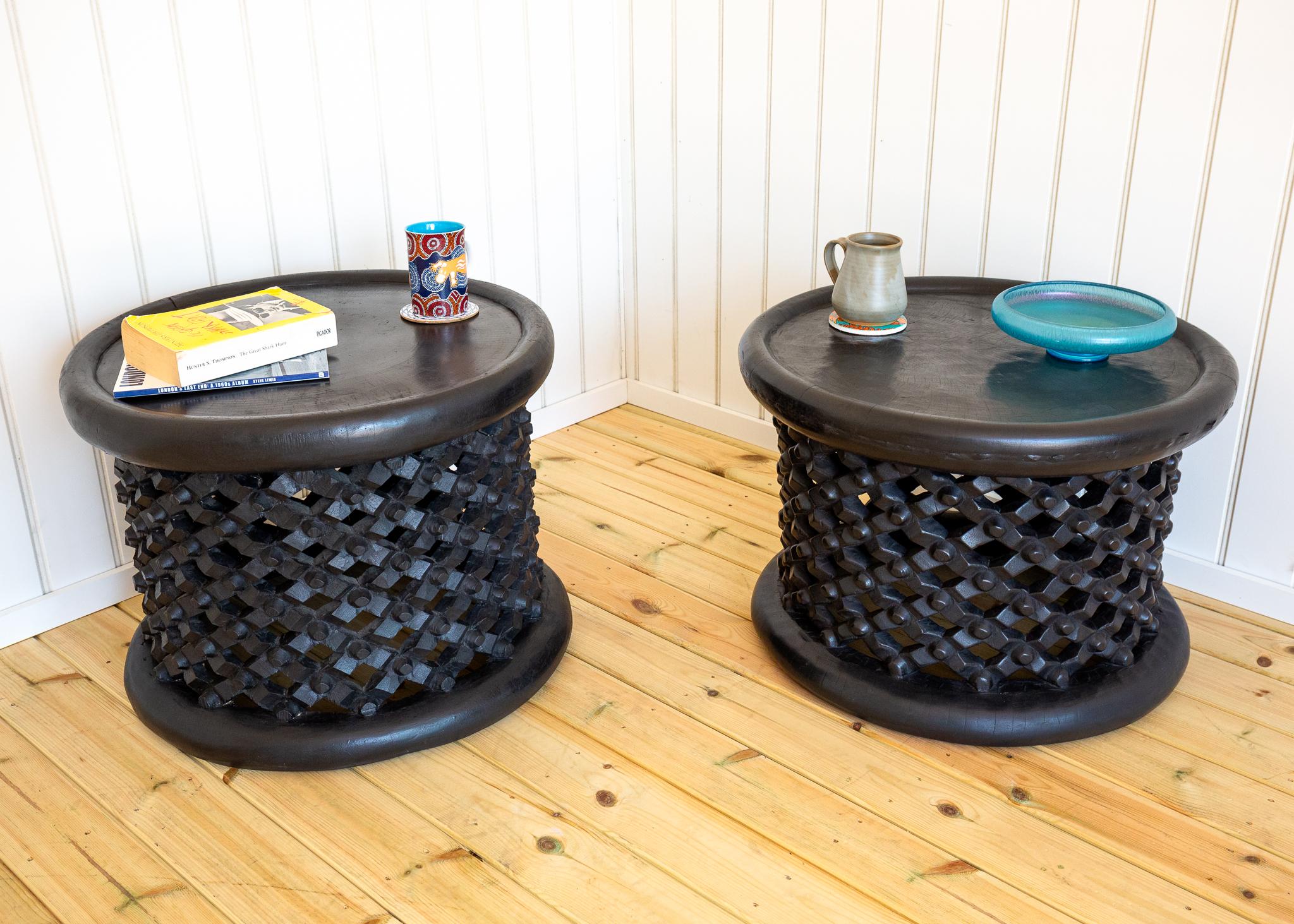 Hand-Carved Pair of African Coffee Tables Sculptural Organic Tribal Bamileke Black MCM 1950s For Sale