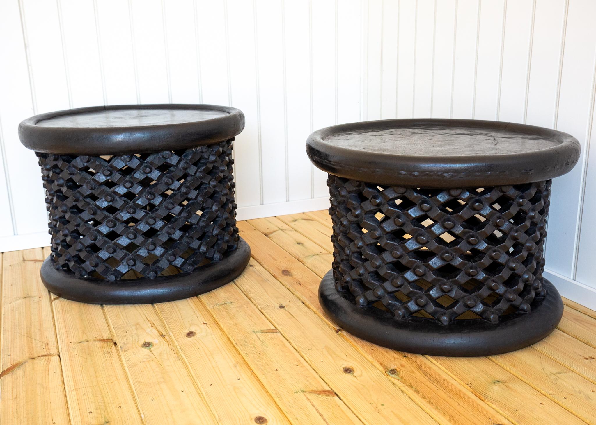 Pair of African Coffee Tables Sculptural Organic Tribal Bamileke Black MCM 1950s In Good Condition For Sale In London, GB