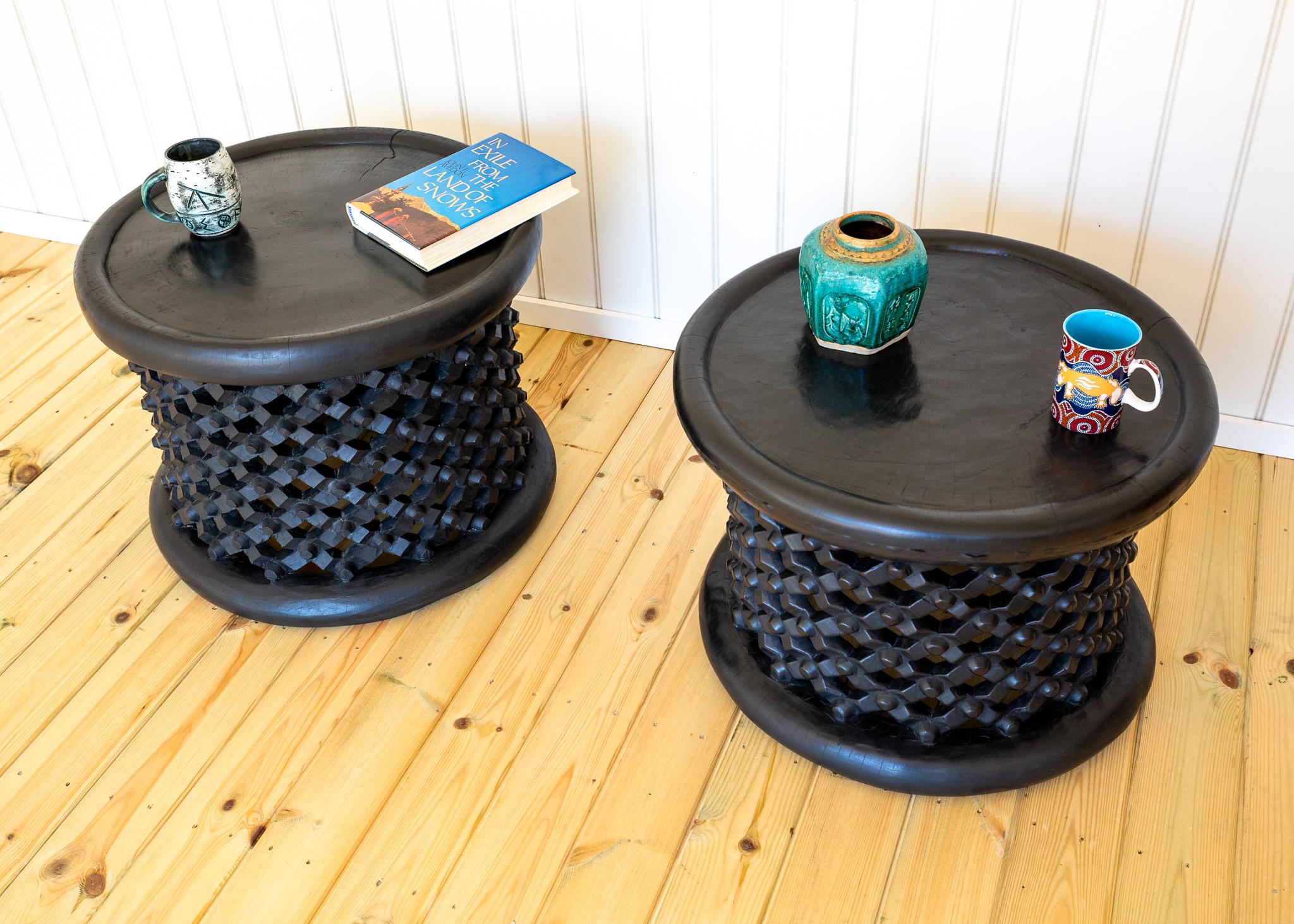20th Century Pair of African Coffee Tables Sculptural Organic Tribal Bamileke Black MCM 1950s For Sale
