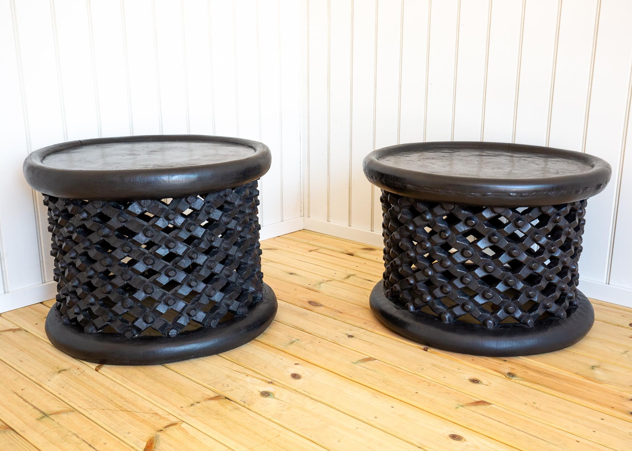 Hardwood Pair of African Coffee Tables Sculptural Organic Tribal Bamileke Black MCM 1950s For Sale