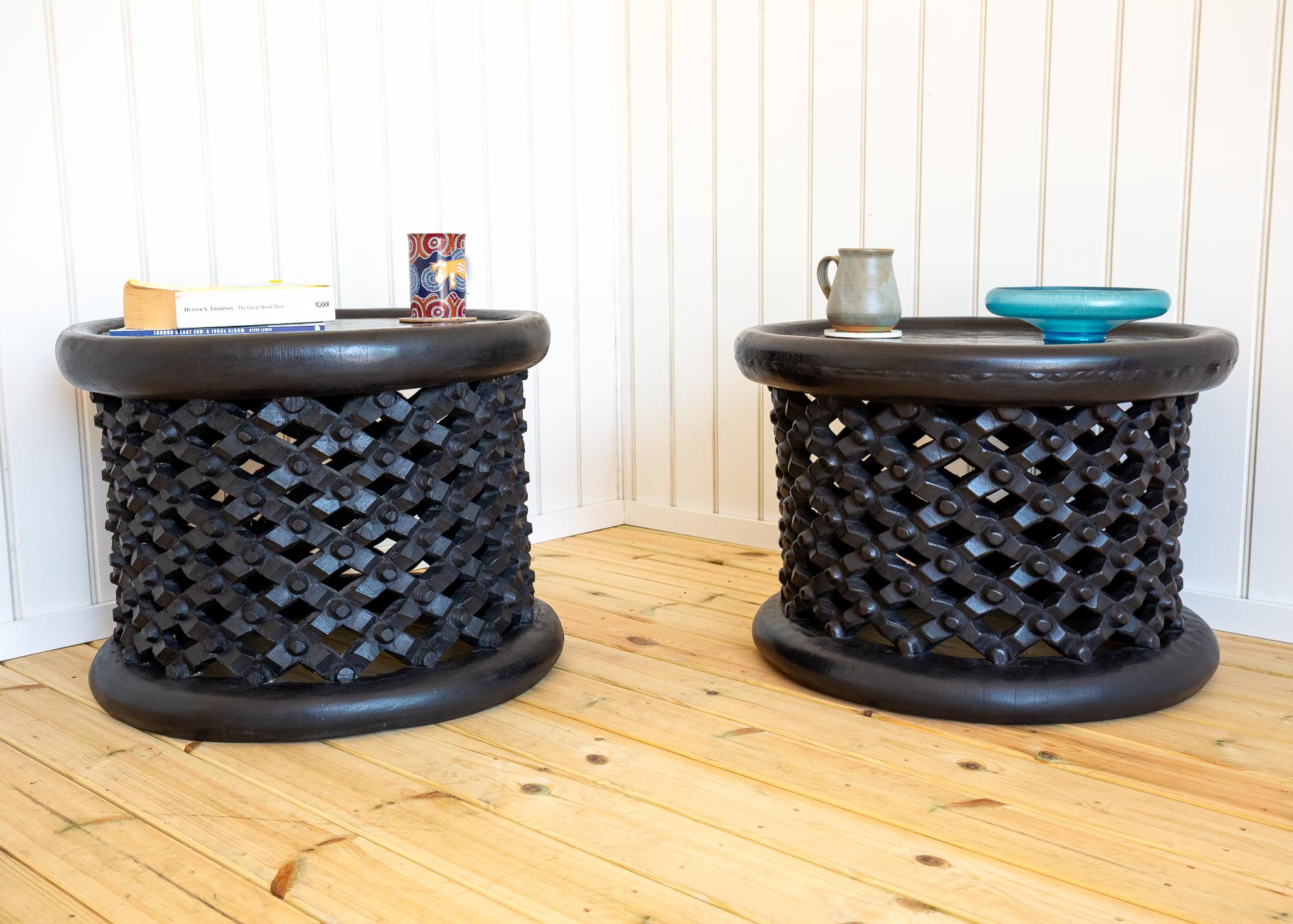 Pair of African Coffee Tables Sculptural Organic Tribal Bamileke Black MCM 1950s For Sale 1