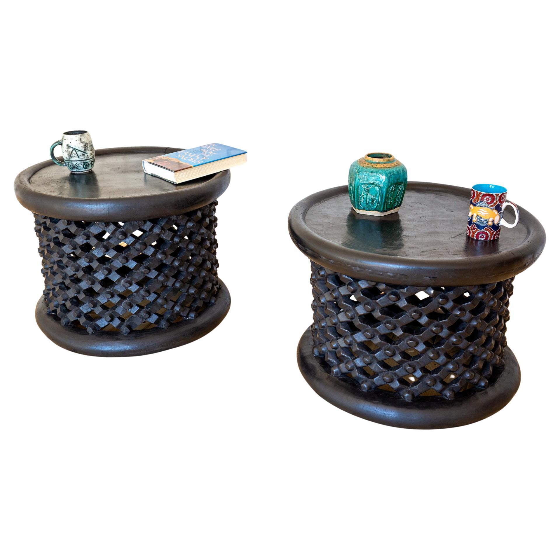 Pair of African Coffee Tables Sculptural Organic Tribal Bamileke Black MCM 1950s For Sale