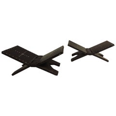 Pair of African Folding Stools with Rank Numbers Inlaid with Mother-of-Pearl
