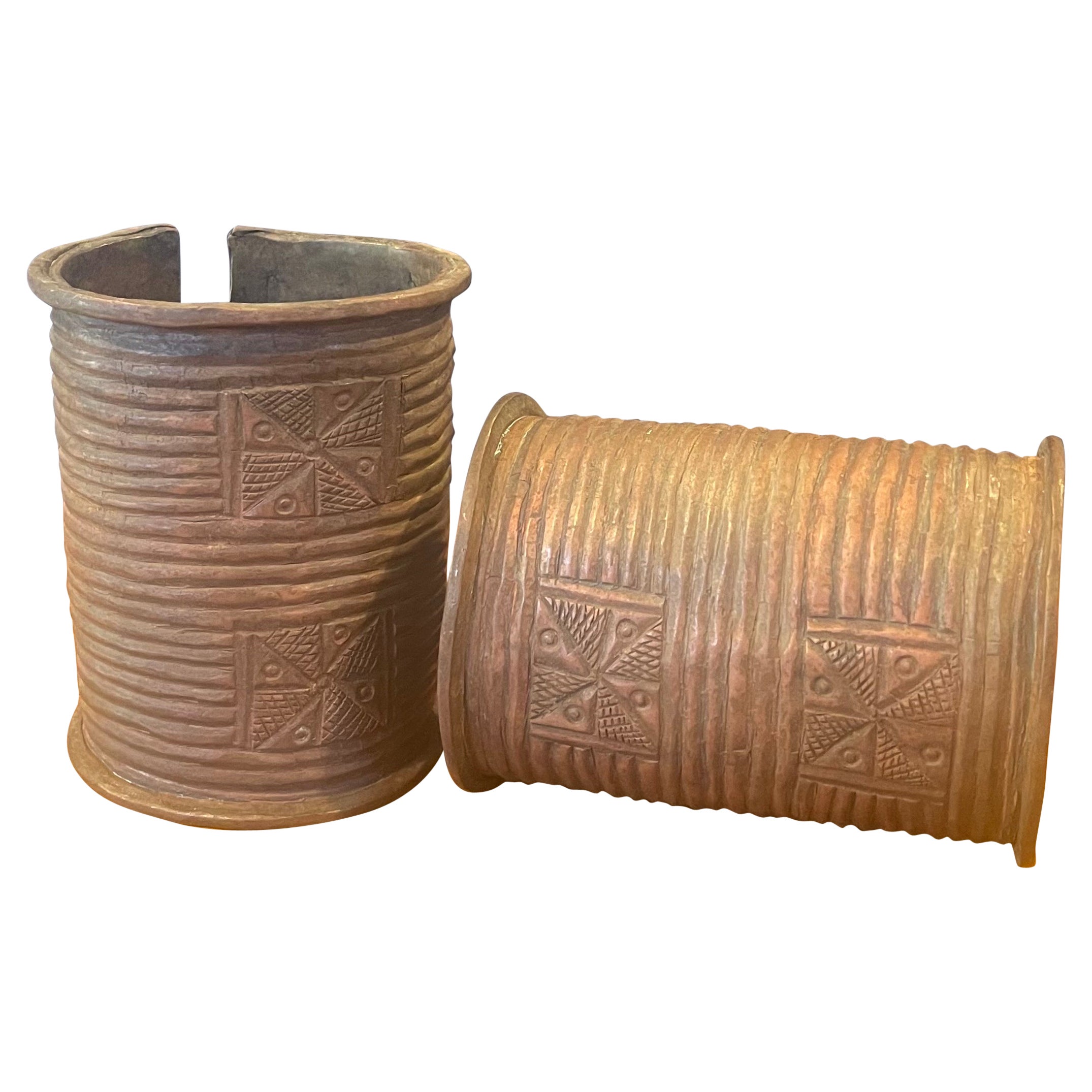 Pair of African Igbo Open-Sided Cast Copper Cuff Bracelets