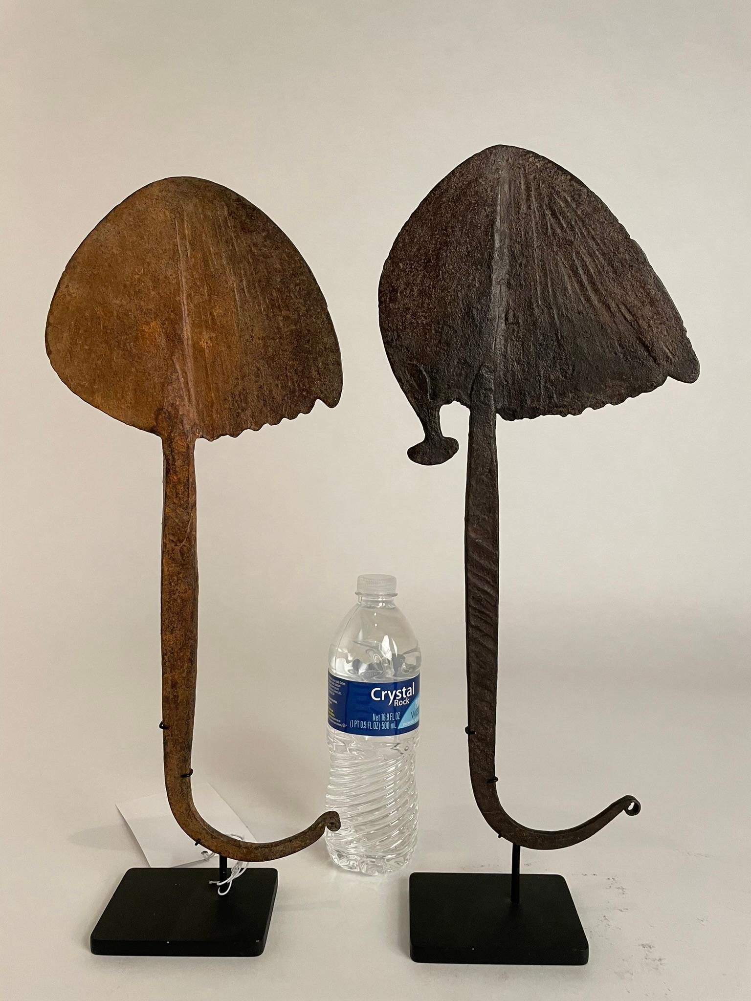 Tribal Pair of African Iron Bandaka Hoe Currency, Mounted on Custom Steel Bases  For Sale