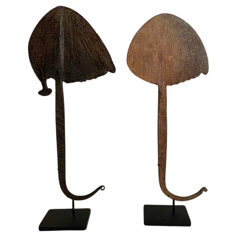 Pair of African Iron Bandaka Hoe Currency, Mounted on Custom Steel Bases  For Sale