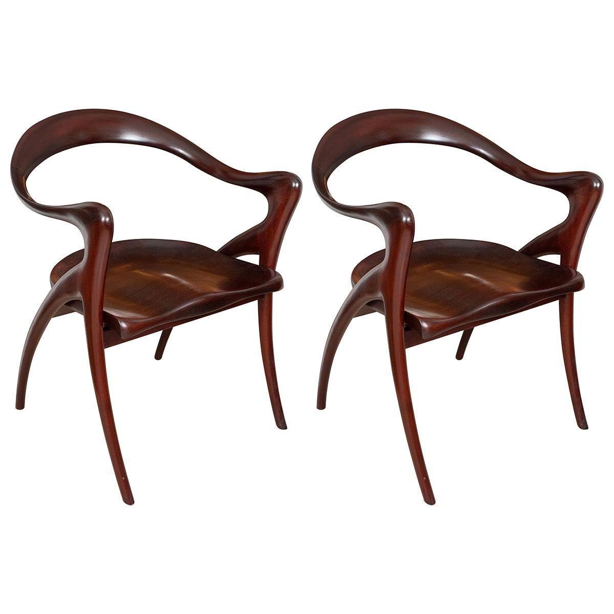 Pair of studio craft African Mahogany armchairs For Sale