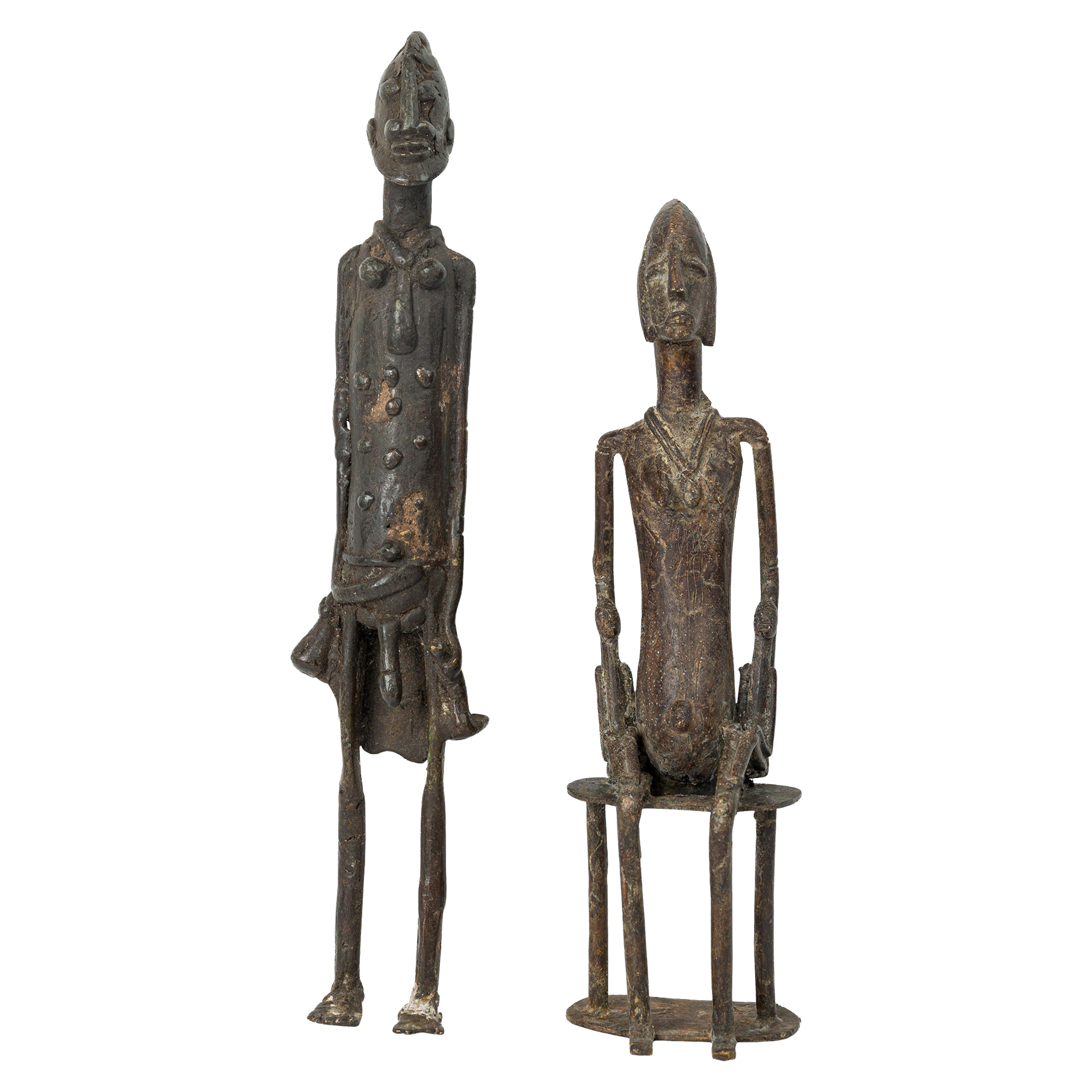 Pair of African Mali 20th Century Bronze Dogon Male 
Female Ancestor Figures