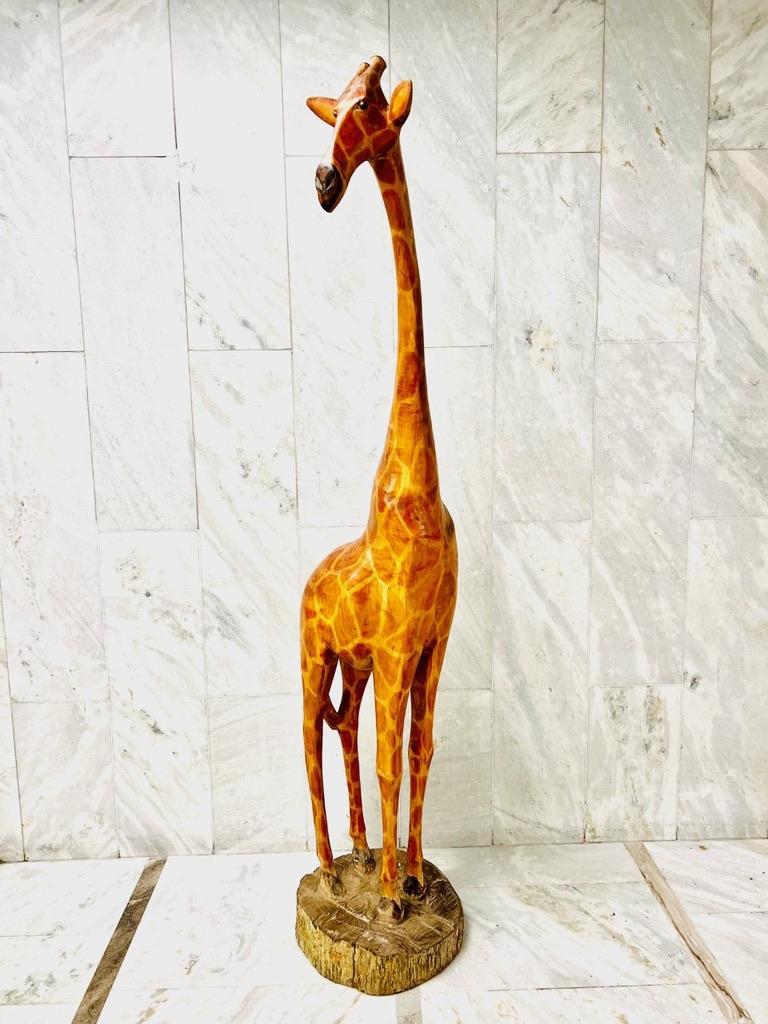 International Style Natural size pair of african sculptures in noble wood representing giraffes  For Sale