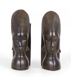 Pair of African Tanzanian Carved Ebony Wood Bust Bookends