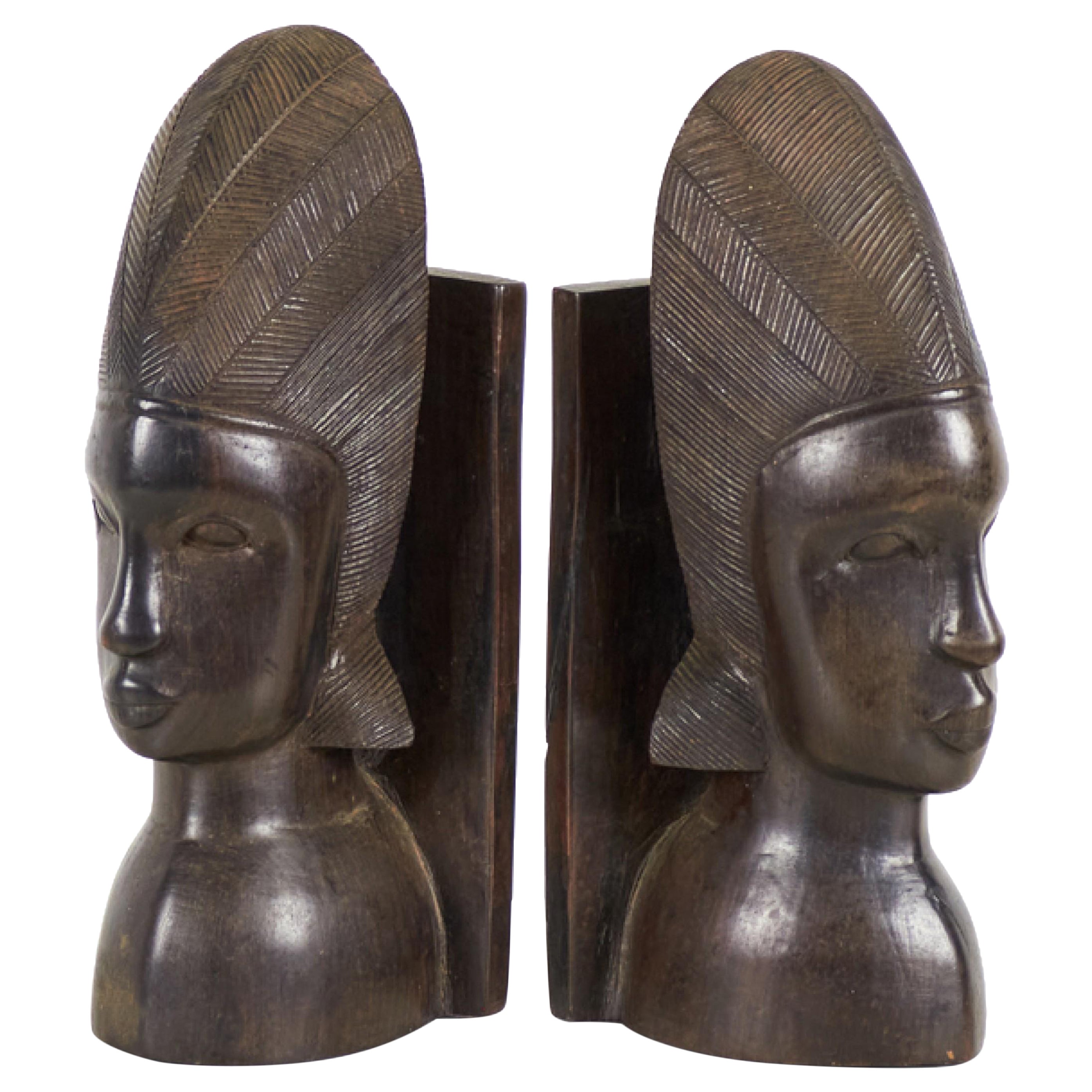 Pair of African Tanzanian Carved Ebony Wood Bust Bookends