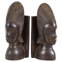 Pair of African Tanzanian Carved Ebony Wood Bust Bookends
