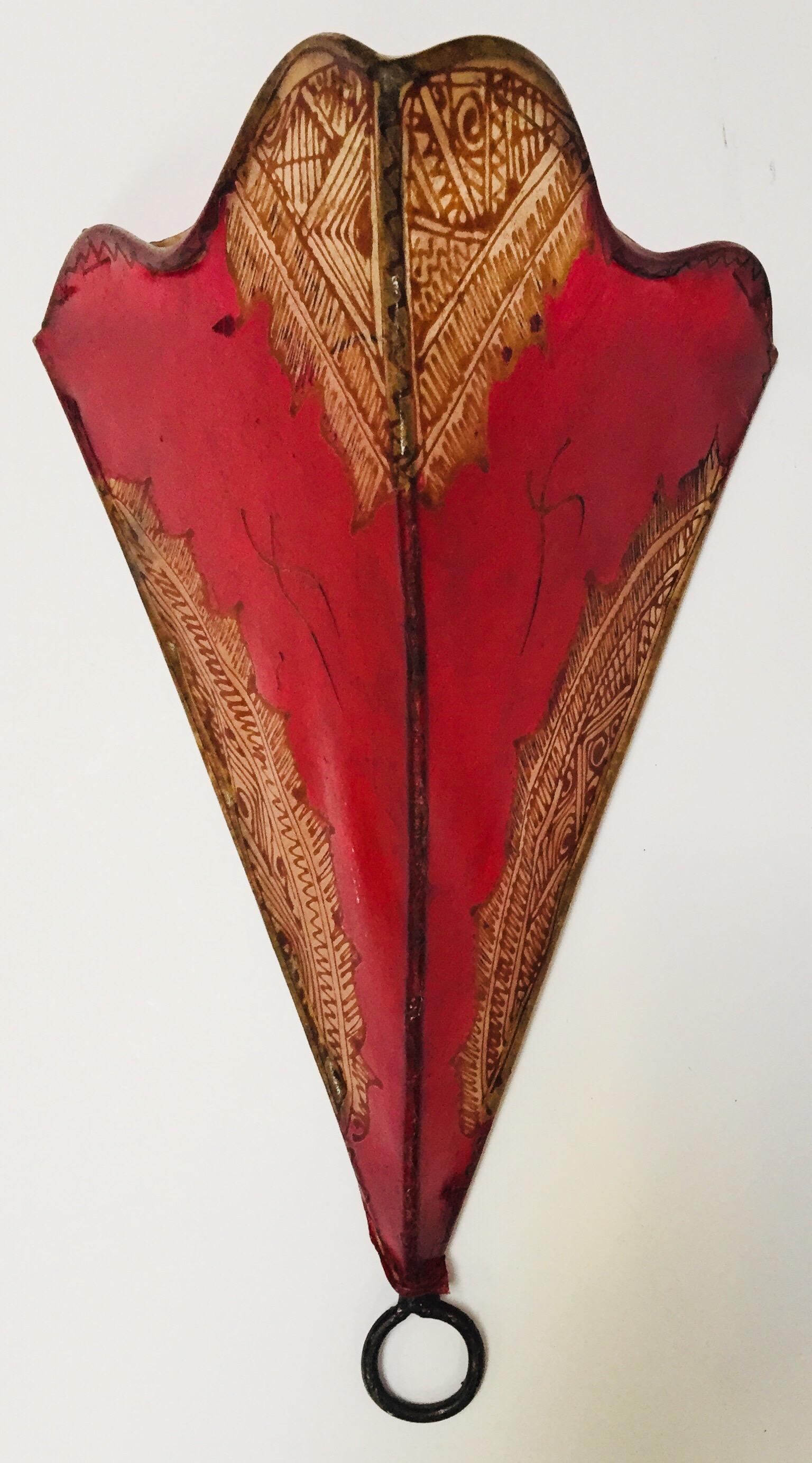 20th Century Pair of African Tribal Art Parchment Wall Shade Sconces in Red and Tan Colors