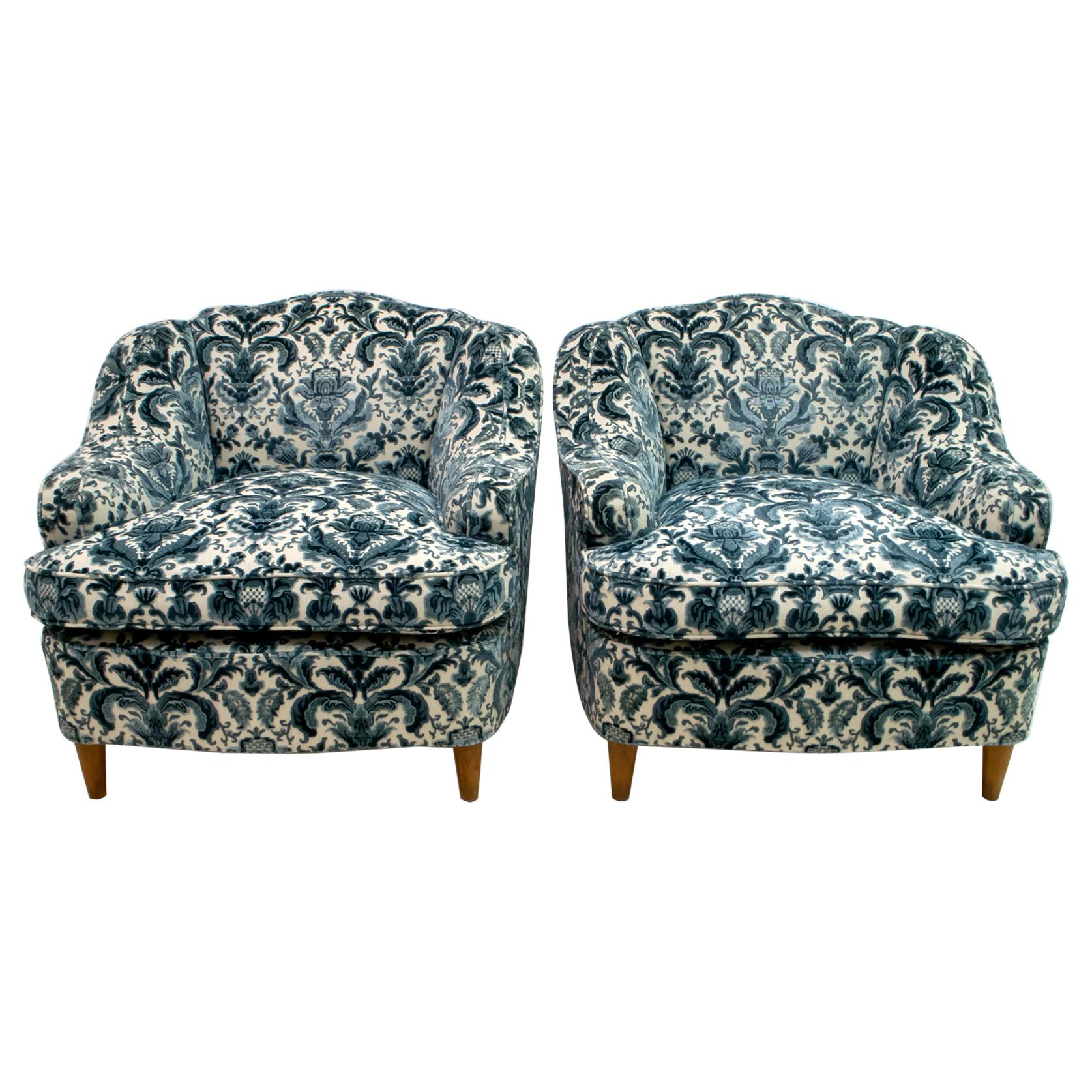 Pair of After Gio Ponti Mid-Century Modern Italian Textured Velvet Armchairs